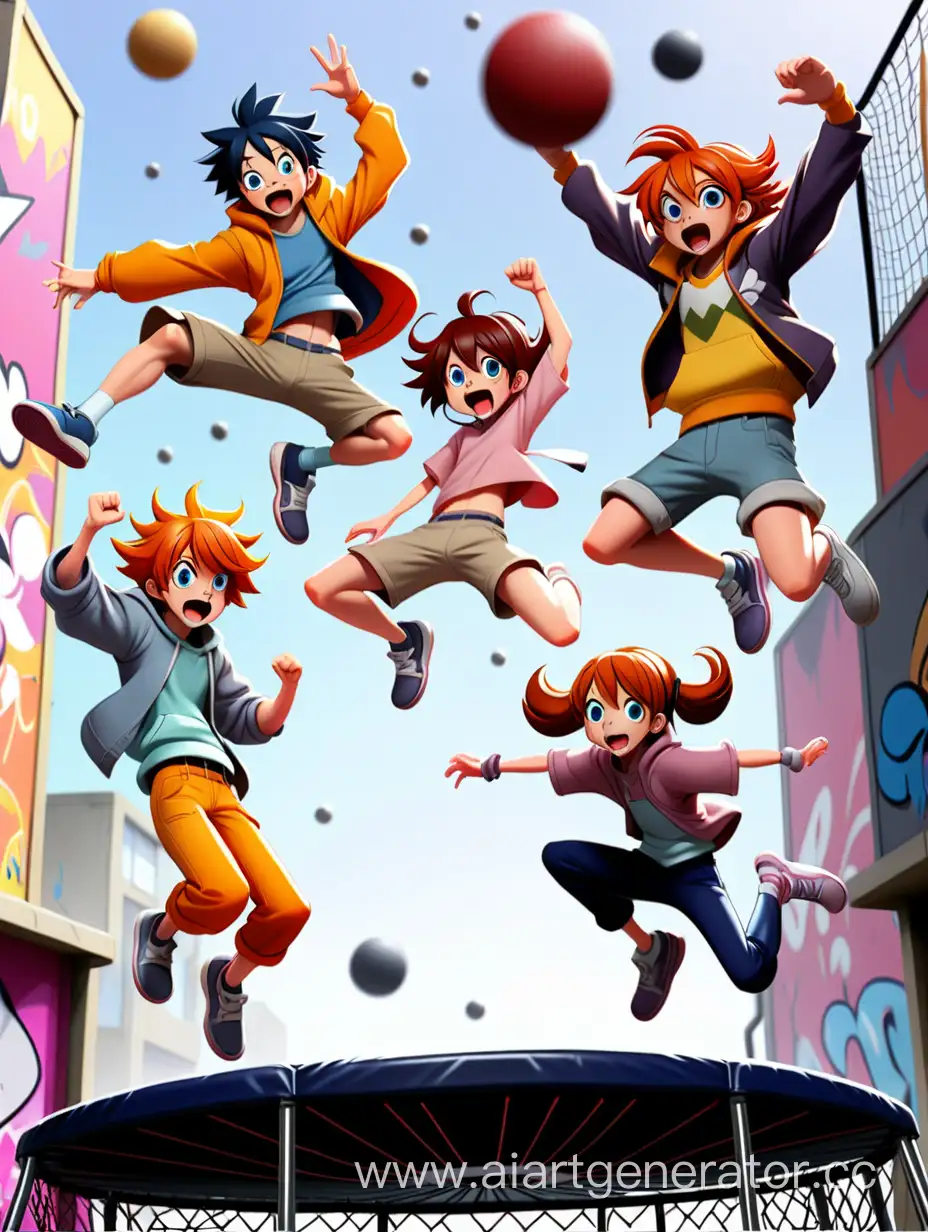 персонажи из аниме прыгают на батуте, графити фон в стиле дисней