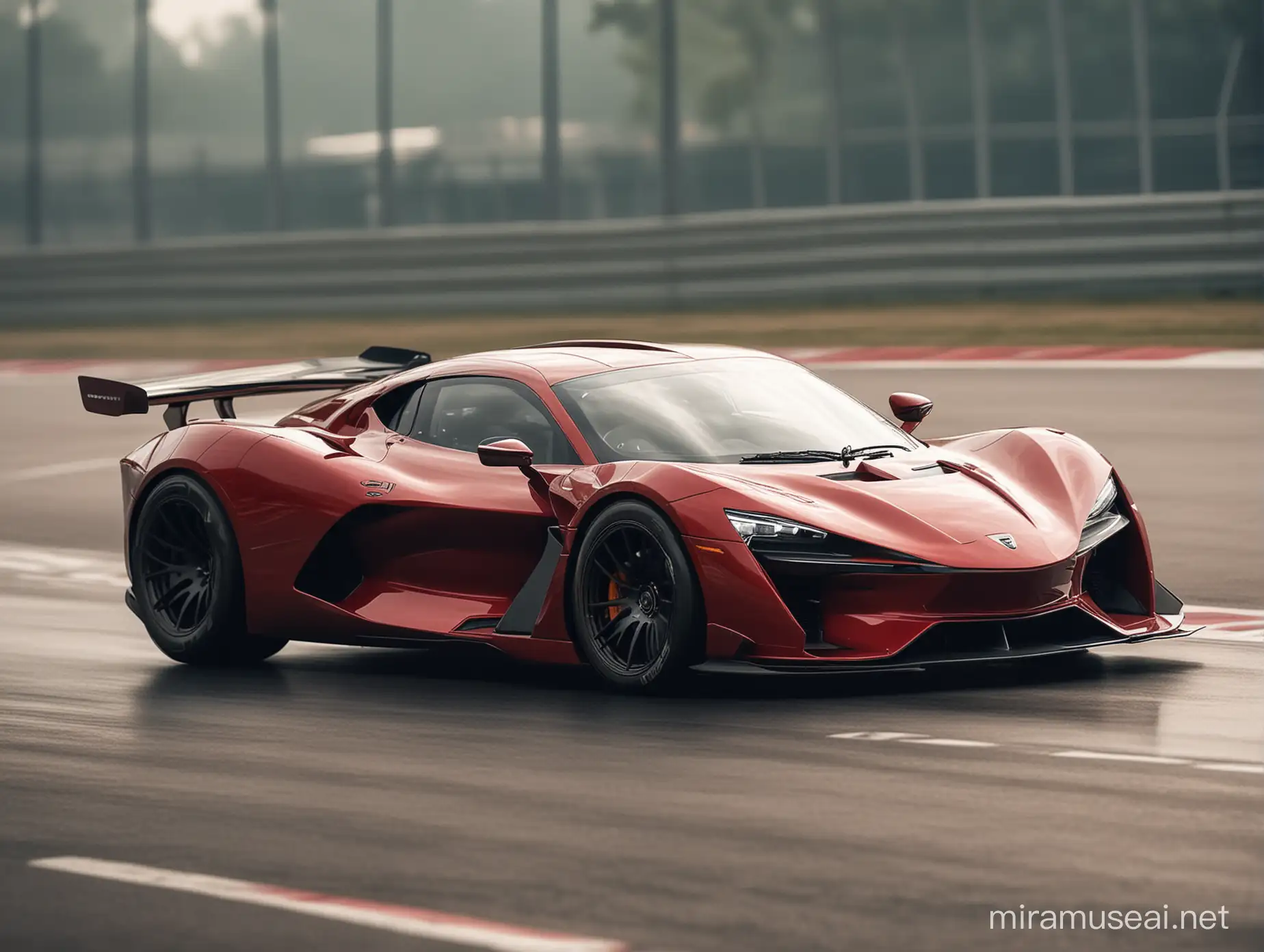 a flat darkred futuristic sportscar with a sharp edged front drives in a curve of a racetrack, highspeed, blurred background Professional photography, bokeh, natural lighting, canon lens, shot on dslr 64 megapixels sharp focus