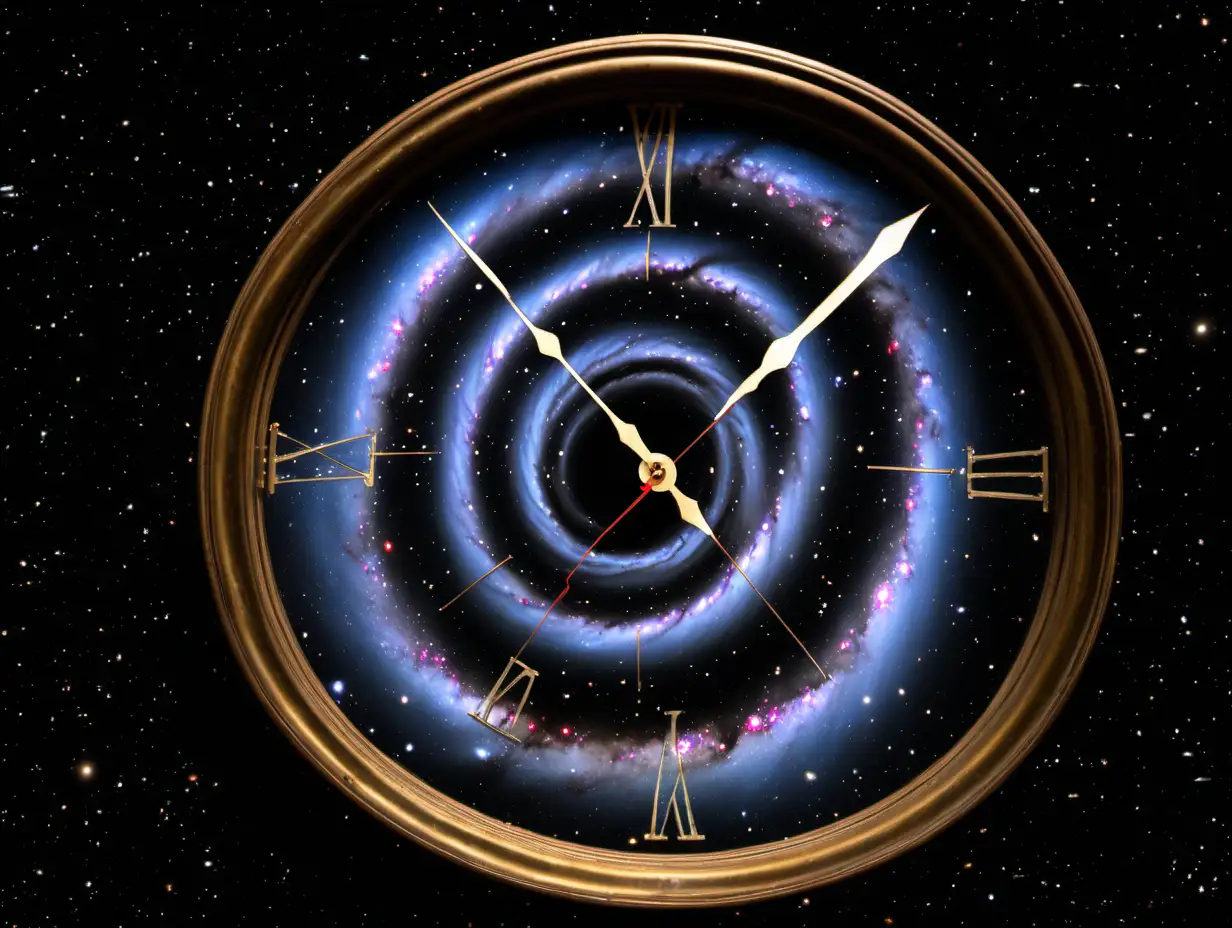 galaxy seen from above with a clock imposed upon it.  