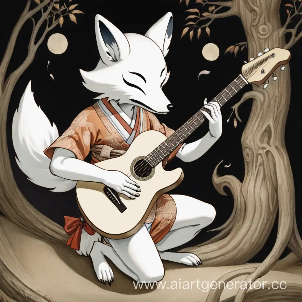 Белый лис ёкай с человеческим телом, играет на гитаре