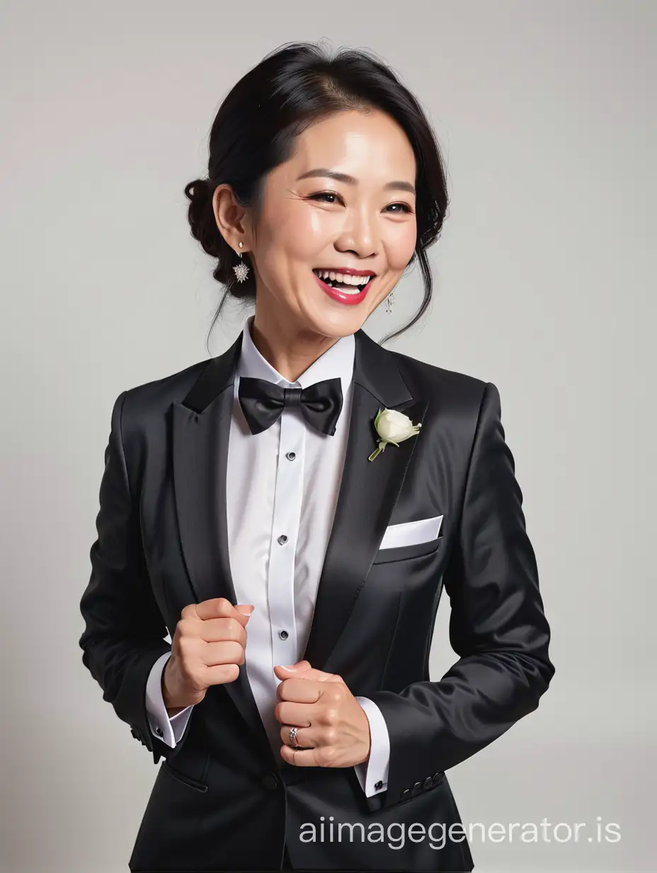 50 year old asian woman wearing a tuxedo.  Her jacket is open.  She has cufflinks.  She is smiling and laughing.  She is wearing lipstick.