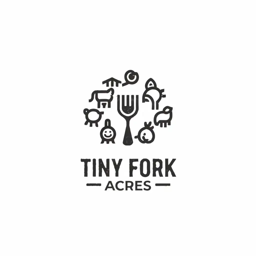 a logo design,with the text "Tiny Fork Acres", main symbol:farm Animals tiny fork in a circle in place of the "o" in fork,Minimalistic,clear background