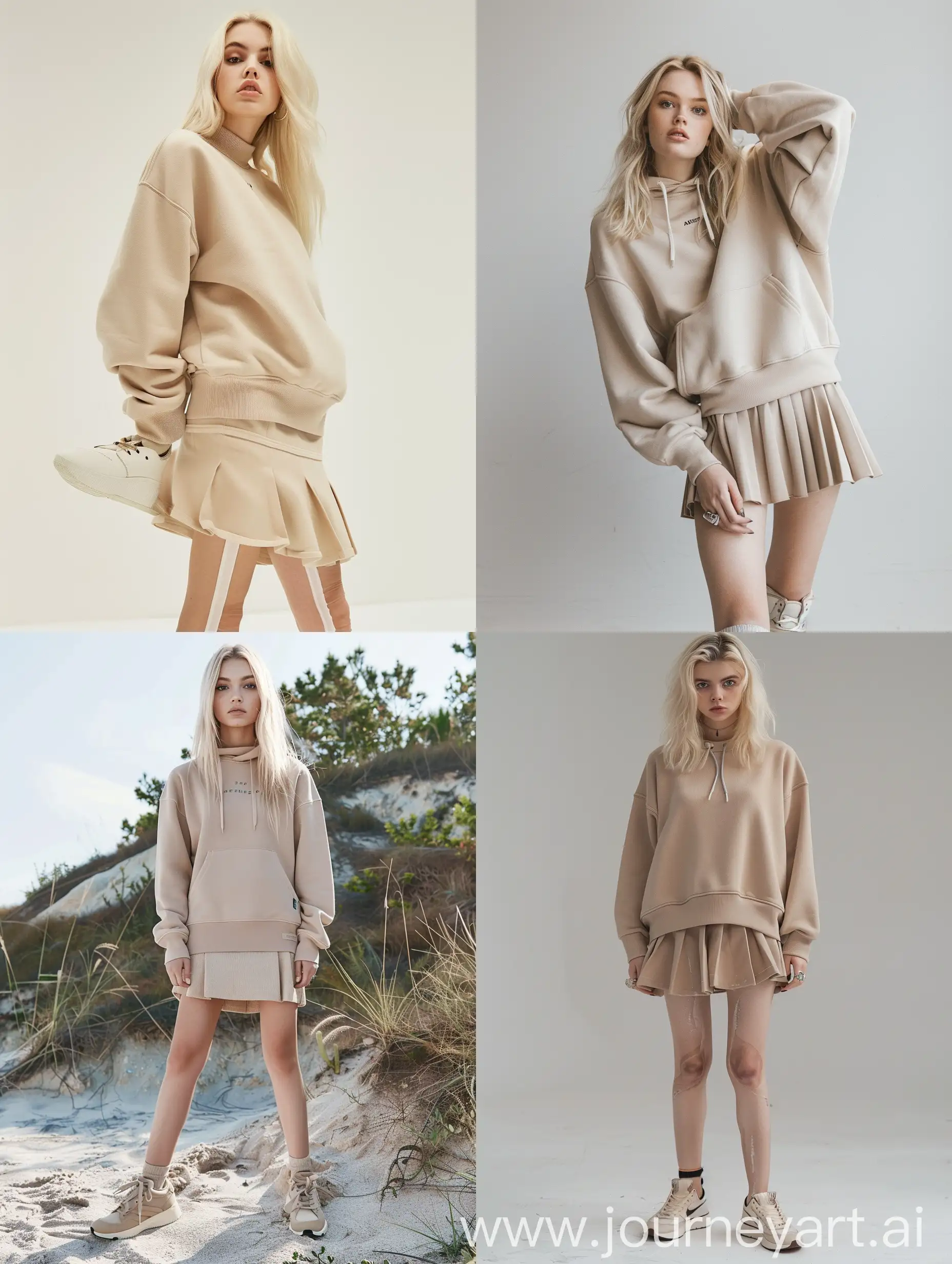 Blonde-Woman-in-Beige-Sweatshirt-and-Skirt-Standing-in-Full-Growth-with-Shoes