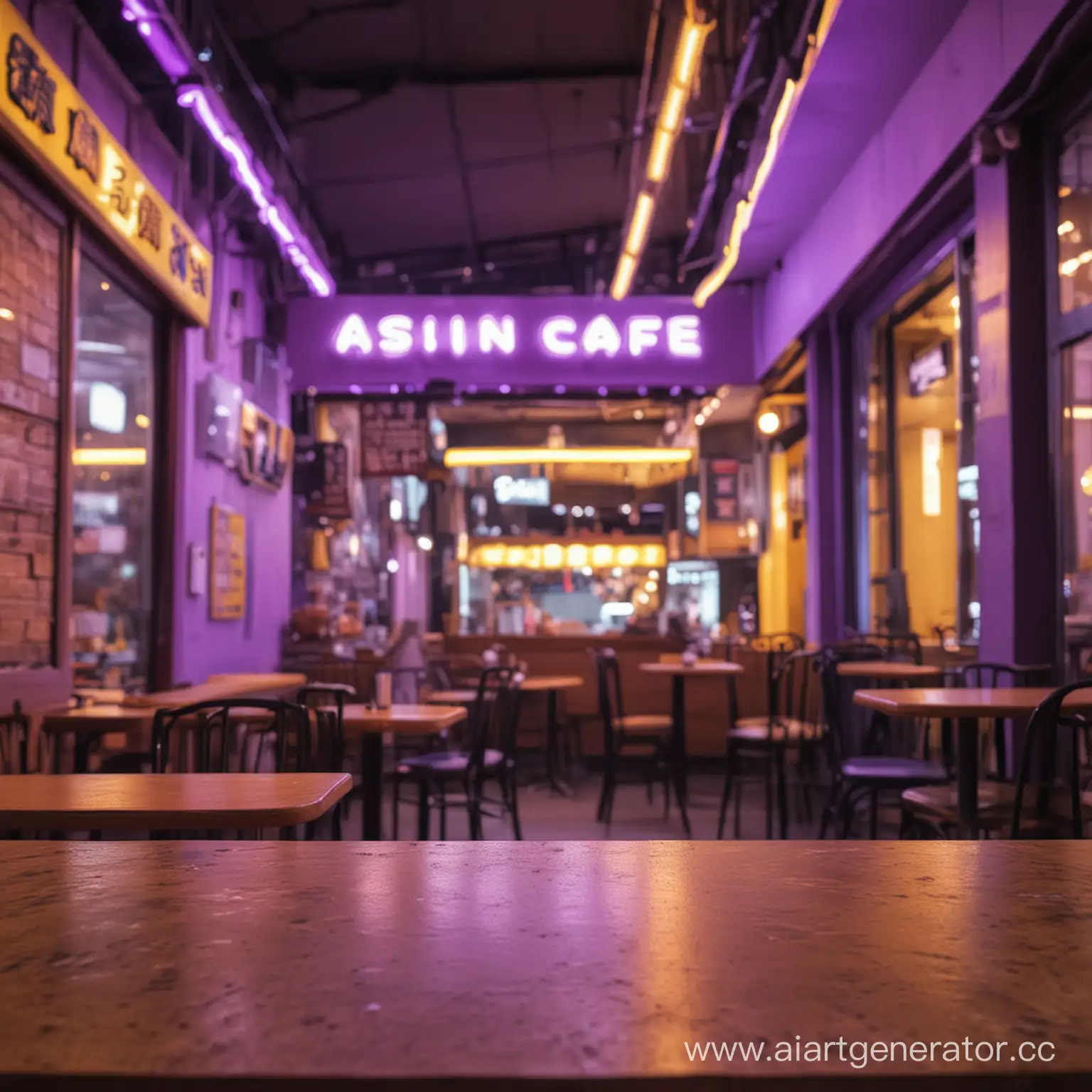 сид стола от первого лица с размытым фоном азиатского кафе с фиолетово желтым неоном

