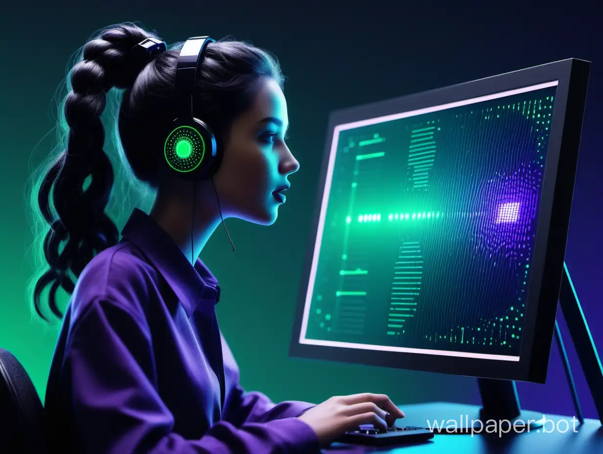 voice assistant AI in the frame girl, microphone, code, monitor, workplace color black, green, blue, purple.