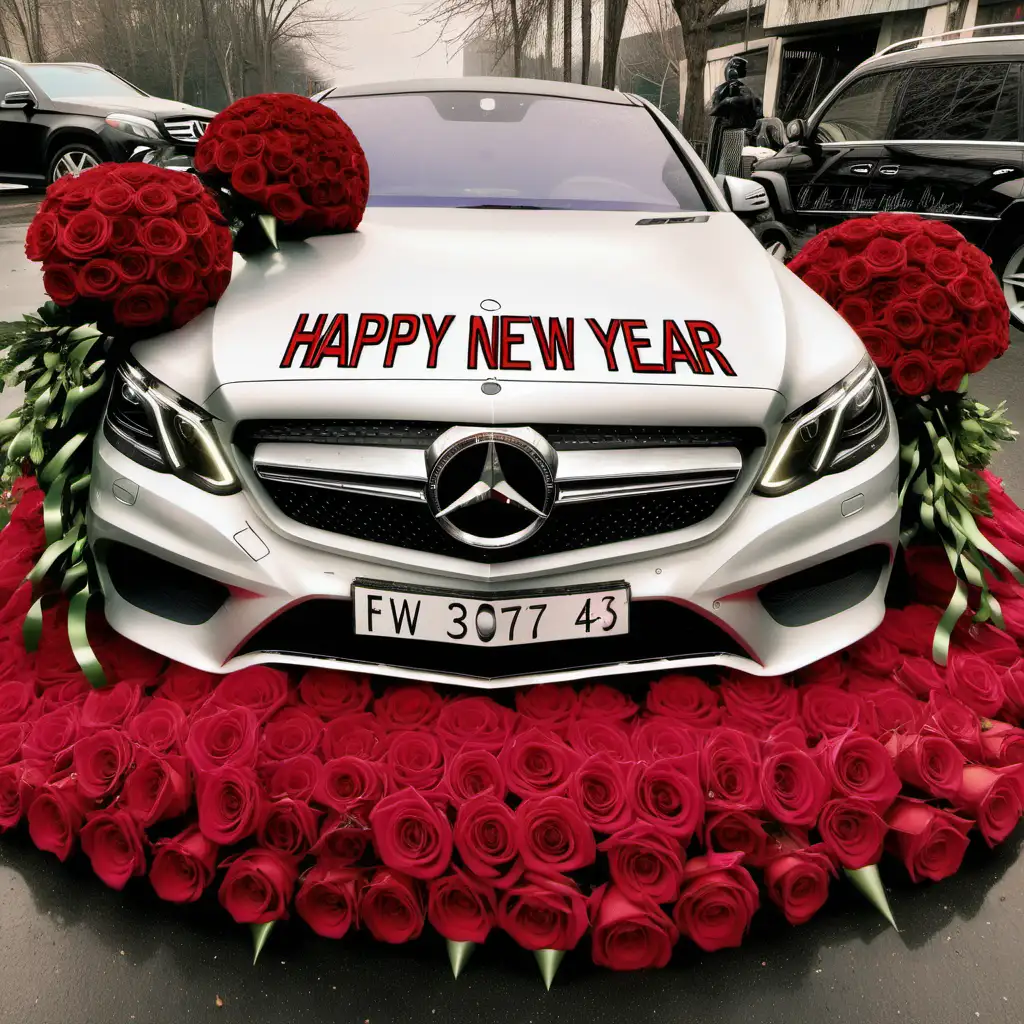 Happy new year sign with a Mercedes Benz and a bouquet with 300 roses