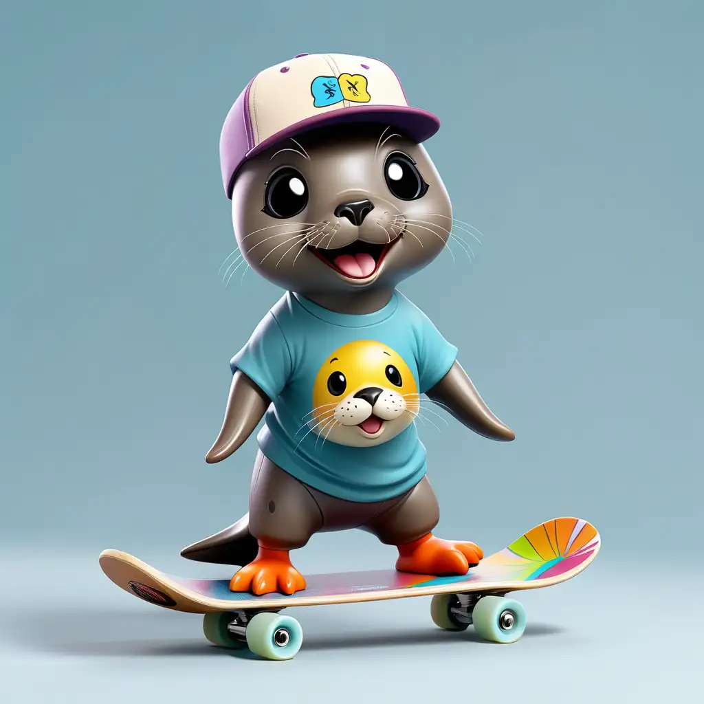 Adorable Blind Box Seal Smiling and Skateboarding in Colorful Outfit