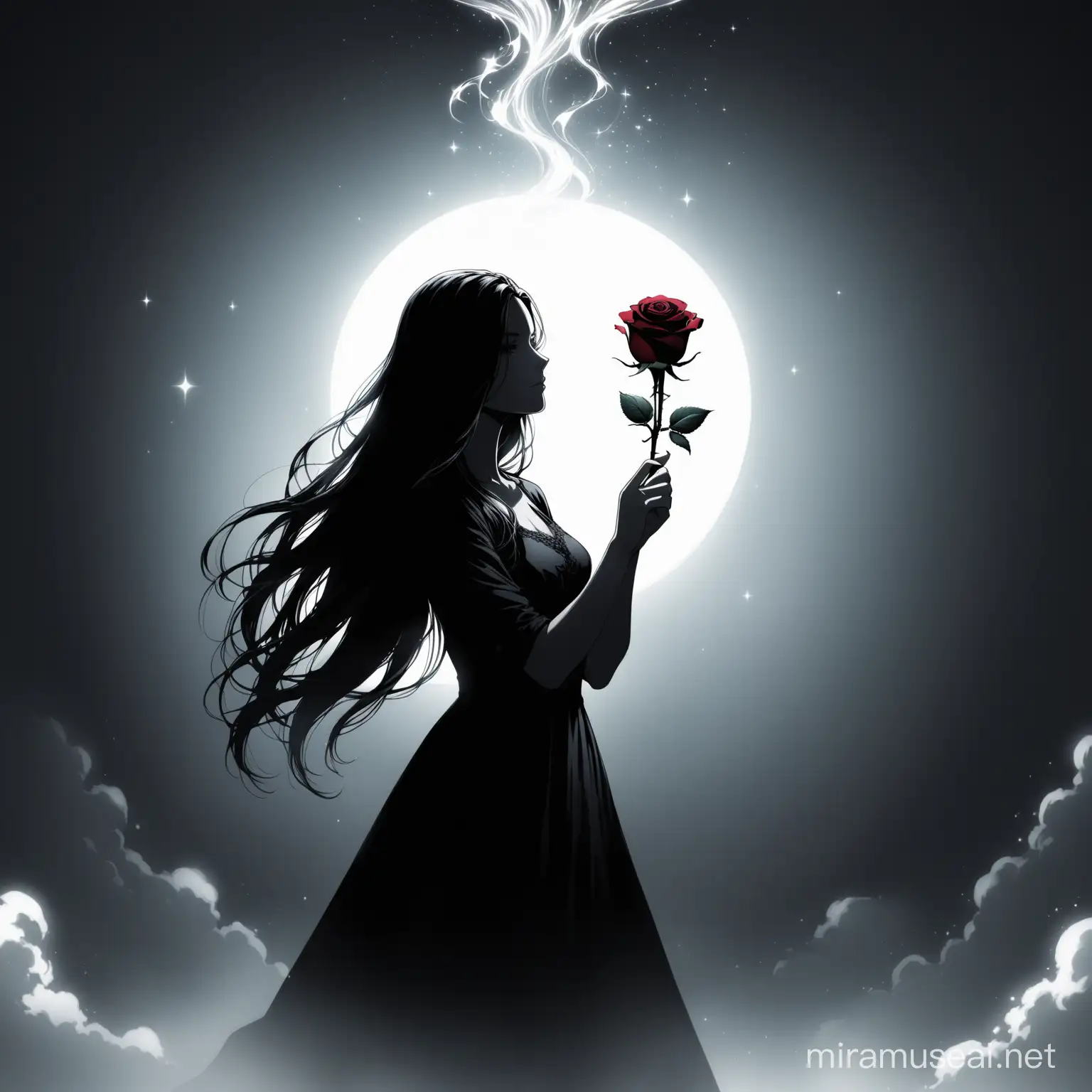 Pensive Woman with Rose in Hand Against White Sky Background