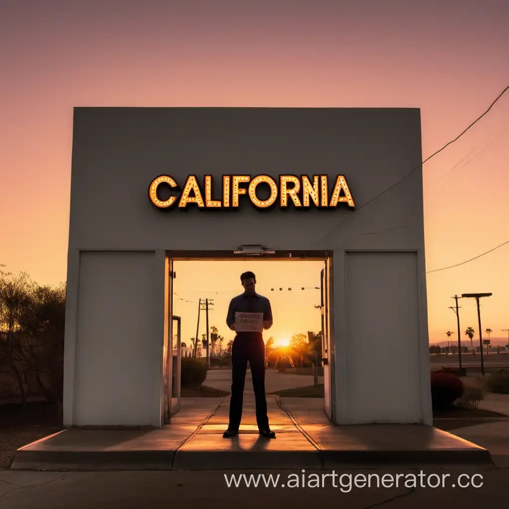 Мужчина стоит перед входом в здание, на котором вывеска «CALIFORNIA», а на фоне закат