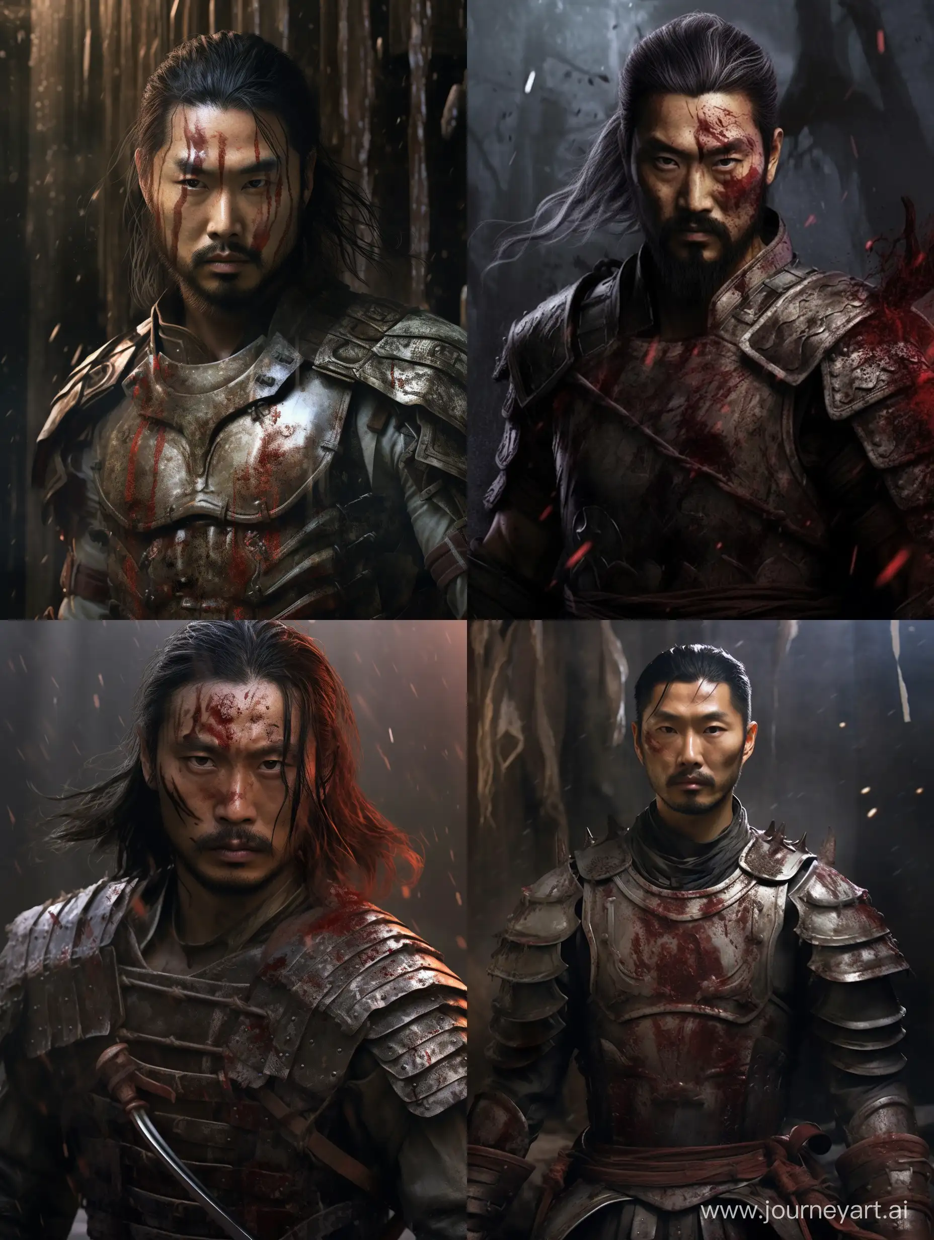 asian man, thin beard, asian bun, white skin, full plate armor, neutral expression, bloody face, war background, perfect lightning, portrait, fantasy drawing