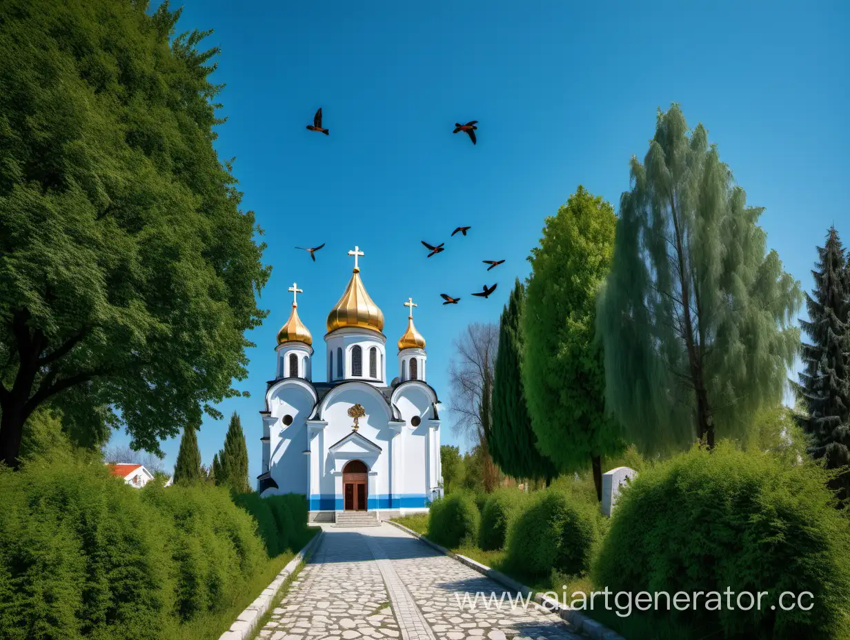 Каменная дорога ведёт в православный храм. По обе стороны дороги кустарники и деревья, голубое небо, в небе над храмом летают 7 птиц . Храм белый