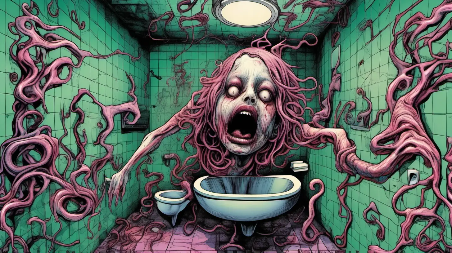 **Art Style:** Junji Ito's eerie and detailed style, with a touch of surrealism, emphasizing grotesque transformations and unsettling atmosphere.

**Composition:**
- The woman's body contorts unnaturally as she undergoes the horrifying transformation into a toilet.
- Bright, colorful patterns swirl around her, adding to the surreal and nightmarish quality of the scene.
- The background is filled with distorted shapes and unsettling imagery, heightening the sense of unease.

**Subject:** A woman undergoing a grotesque transformation into a toilet.

**Visual Elements:**

- **Characters:**
  - **Woman:**
    - **Face:** Twisted in agony and horror, with wide, terrified eyes and a gaping mouth.
    - **Hair:** Wild and disheveled, mirroring the chaotic transformation taking place.
    - **Limbs:** Bent and elongated, as if being pulled into the grotesque form of the toilet.
    - **Skin:** Pale and clammy, with veins pulsating beneath the surface.
  - **Toilet:**
    - **Bowl:** Smooth and porcelain, with grotesque features such as jagged edges and twisted contours.
    - **Seat:** Open and inviting, yet somehow menacing in its transformation.
    - **Flush Handle:** Extended and contorted, resembling a twisted appendage.

- **Setting:**
  - The scene takes place in a brightly lit bathroom, with colorful tiles lining the walls and floor.
  - Strange and surreal patterns dance across the surfaces, adding to the sense of disorientation and horror.
  - The air is thick with tension and dread, as the woman's transformation reaches its horrifying climax.

**Atmosphere/Mood:**
- Despite the bright colors and seemingly innocuous setting, there is an overwhelming sense of horror and revulsion that permeates the scene, leaving the viewer unsettled and disturbed.