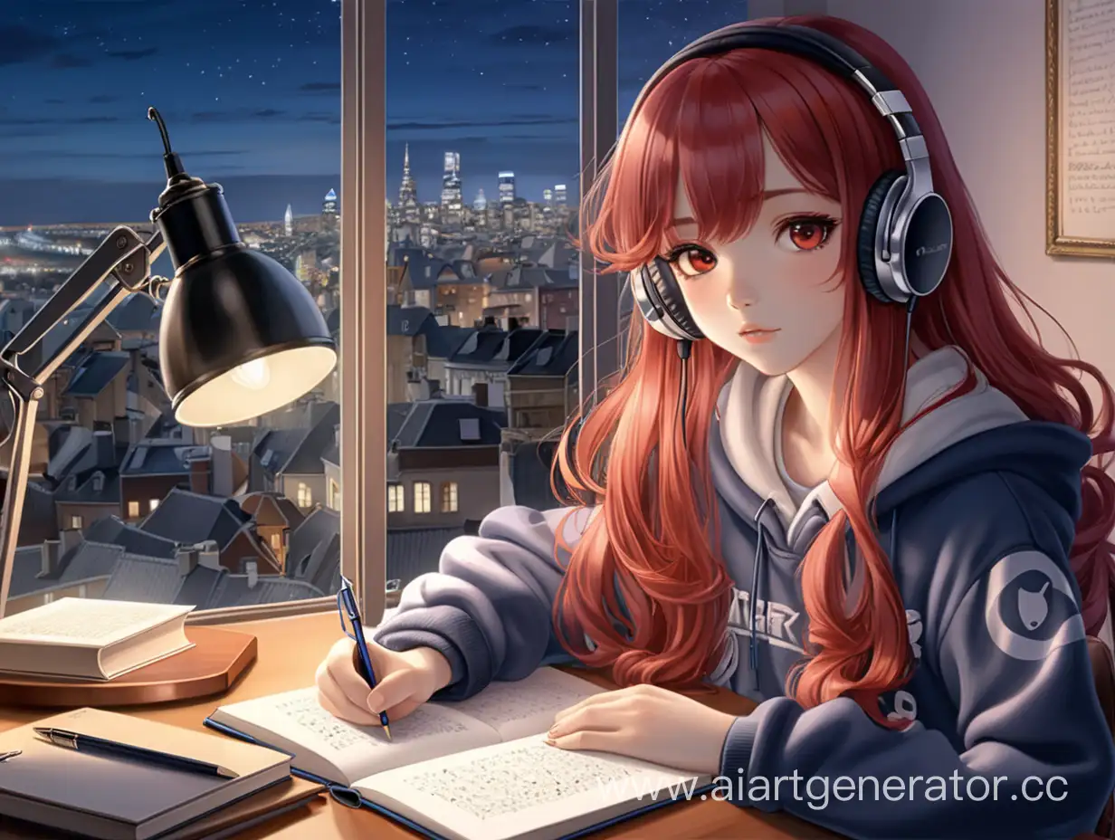 RedHaired-Anime-Girl-in-Pajamas-Writing-in-Notebook-with-Headphones