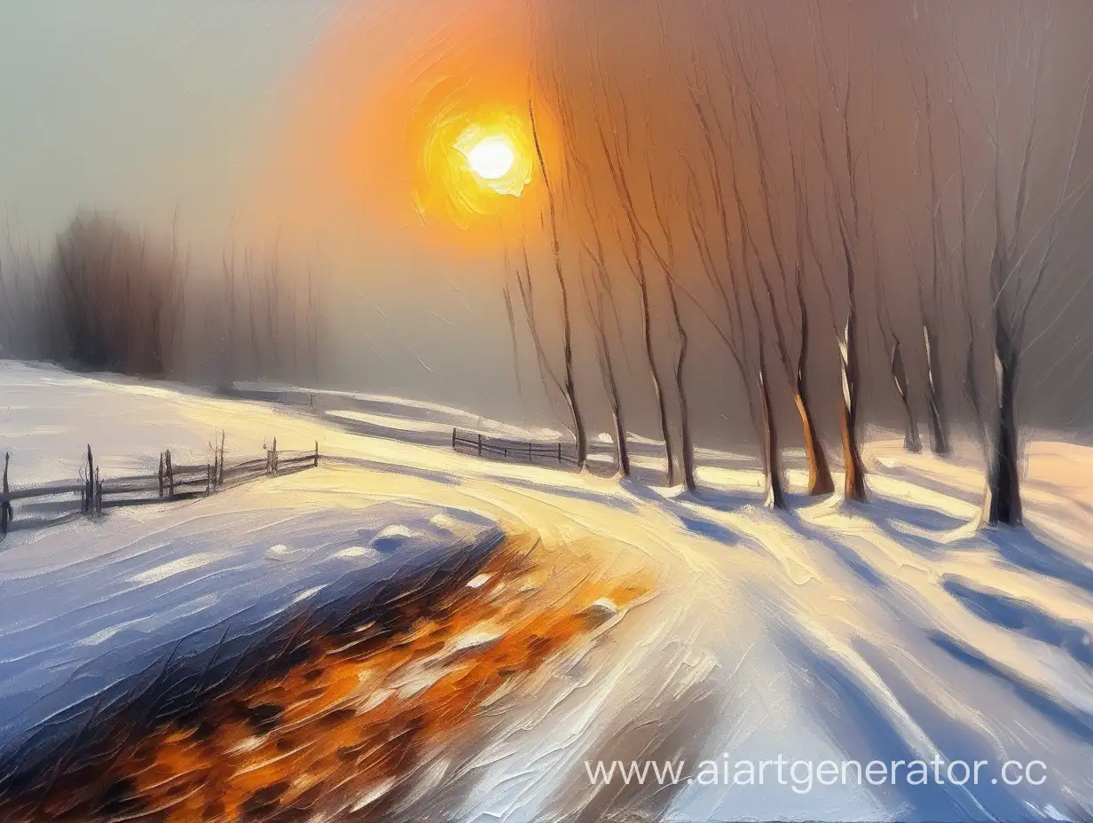 Winter landscape in oil. Impressionist style