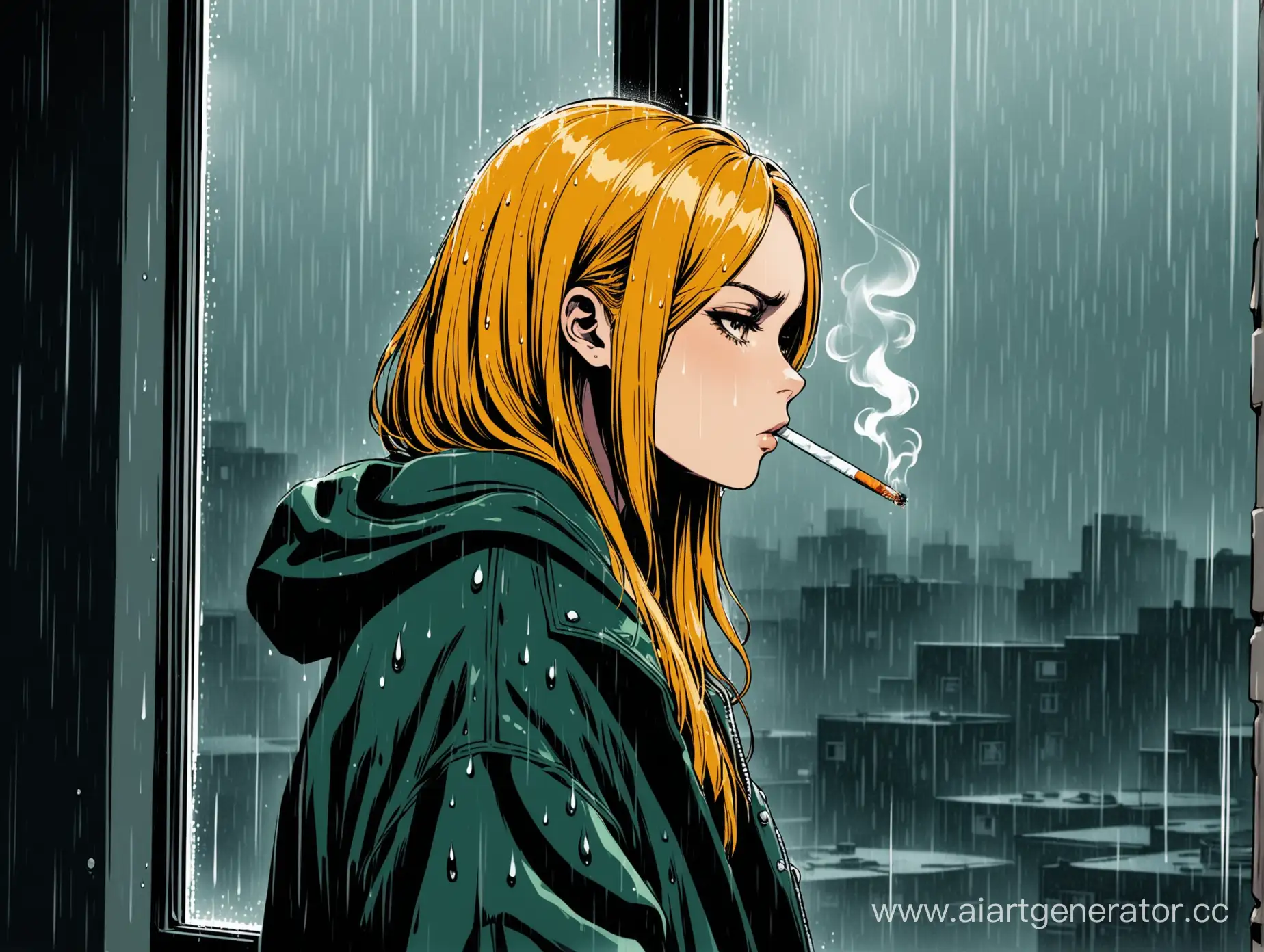 У окна под дождем Грустная девушка с золотыми волосами в стиле каре курить сигареты  а в ее одежеде логотип с натписью MONSTER