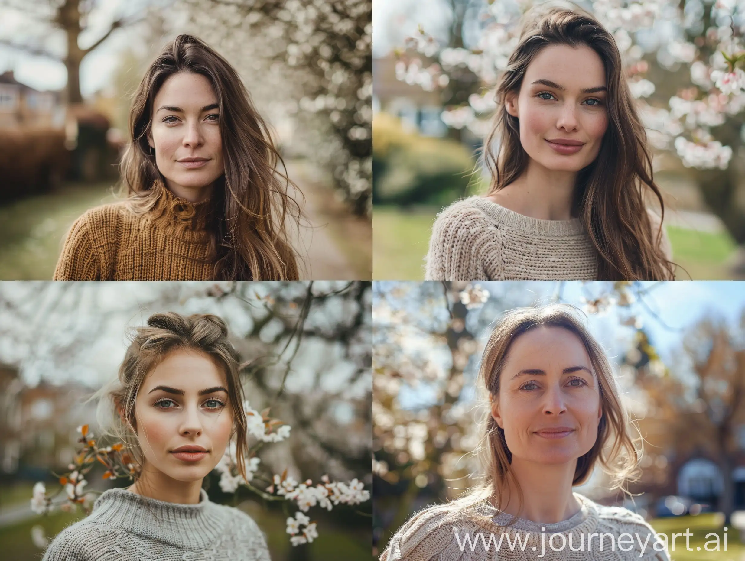  photo portrait of an attractive 30 years old  woman in jumper, in uk town ,  spring  trees in background,  assured and confident expression, deep and captivating eyes, looking not direct to camera , cinematic style, style raw