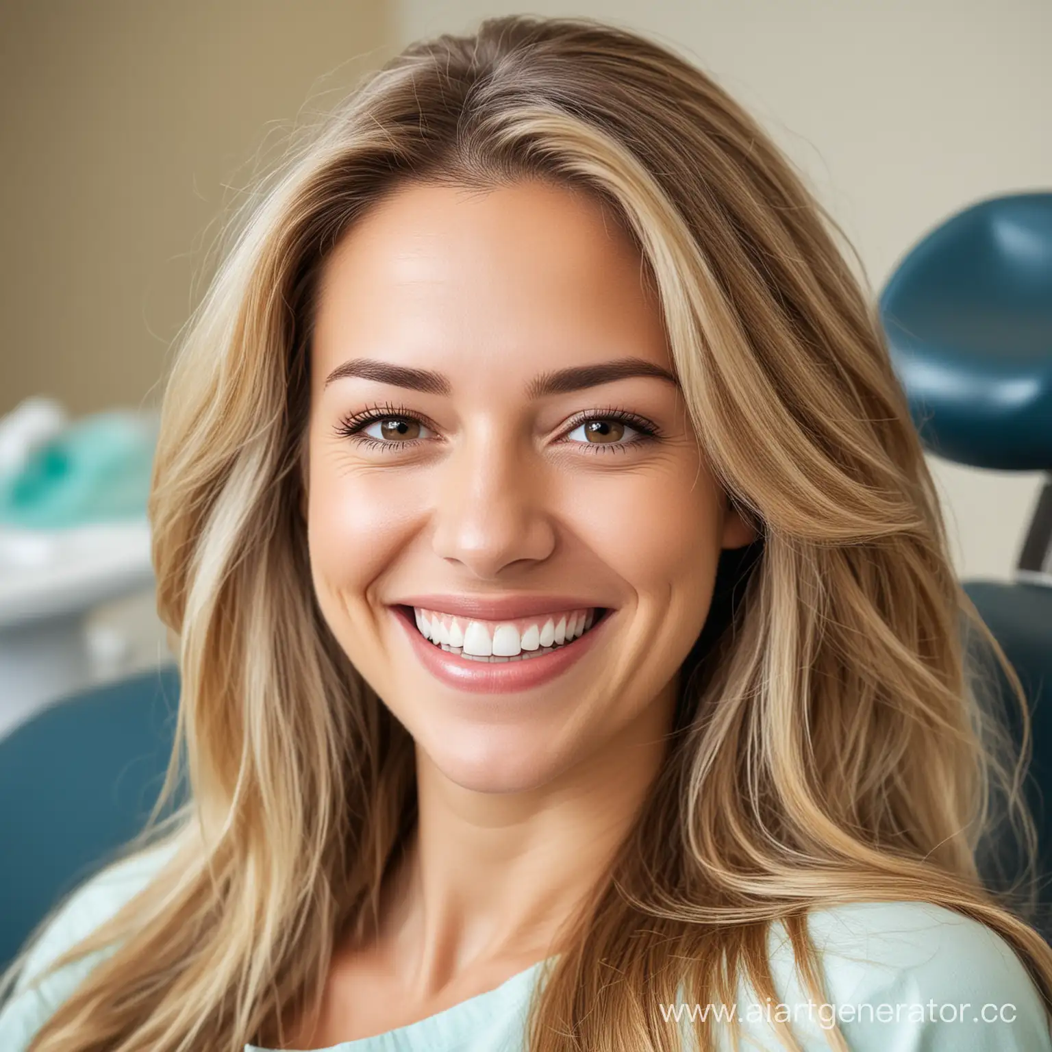 женщина в возрасте, длинные волосы, красивая улыбка, в кресле стоматолога