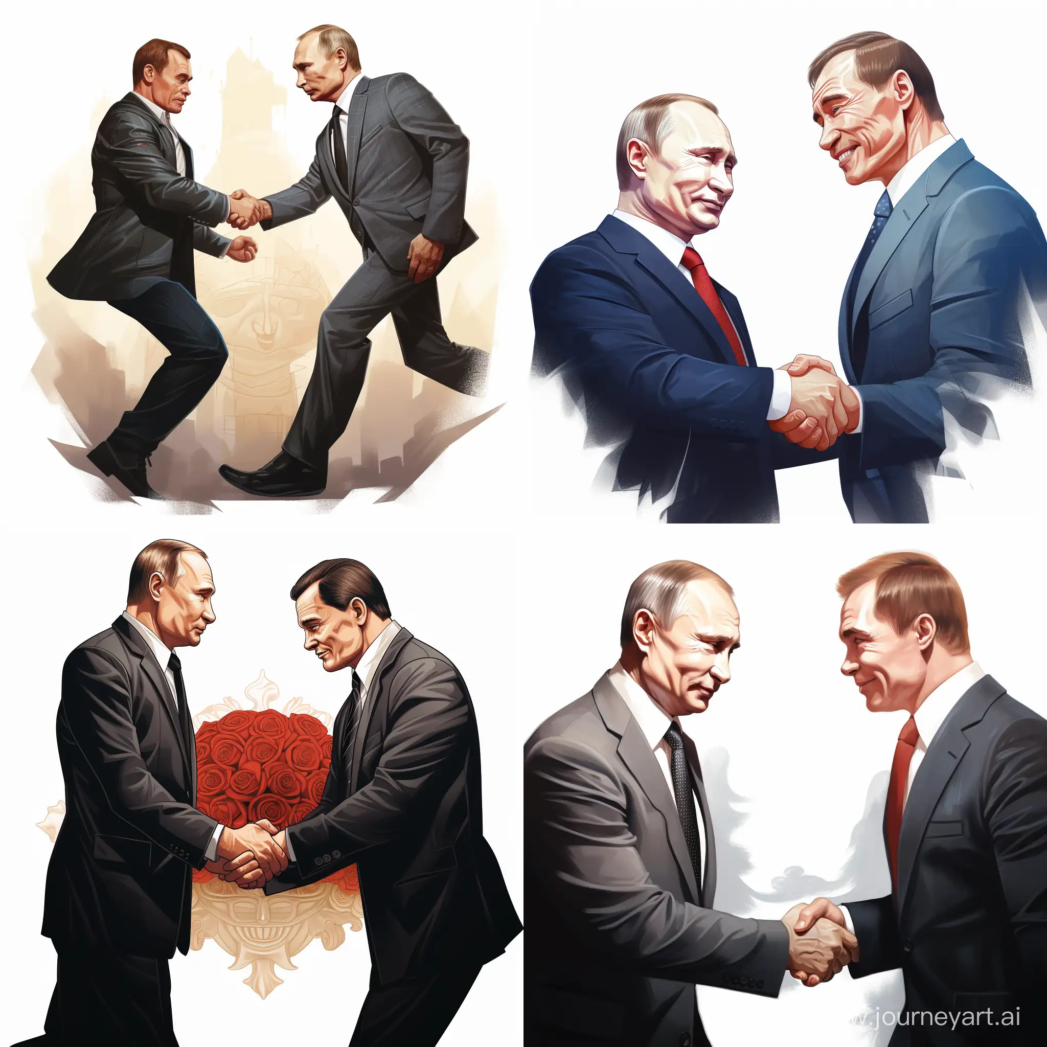 Vladimir Putin shakes hands with Arnold Schwarzenegger: white background, back style caricature,.Illustration.