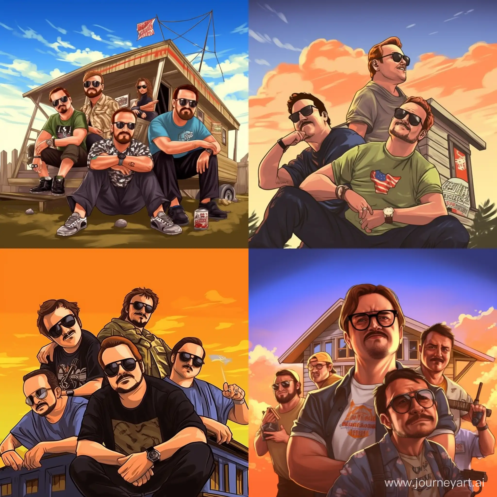 Create a graphic depicting "Trailer Park Boys". Picture a dynamic and positive atmosphere where the boys spend time together, engage in various activities, smoke a bong or have fun in the characteristic surroundings of the barracks. Highlight friendship, joy and shared moments, as well as elements typical of their environment,  and smoking  joints. Hashtag: #BoysFromTheBarracks #FriendshipMoments.