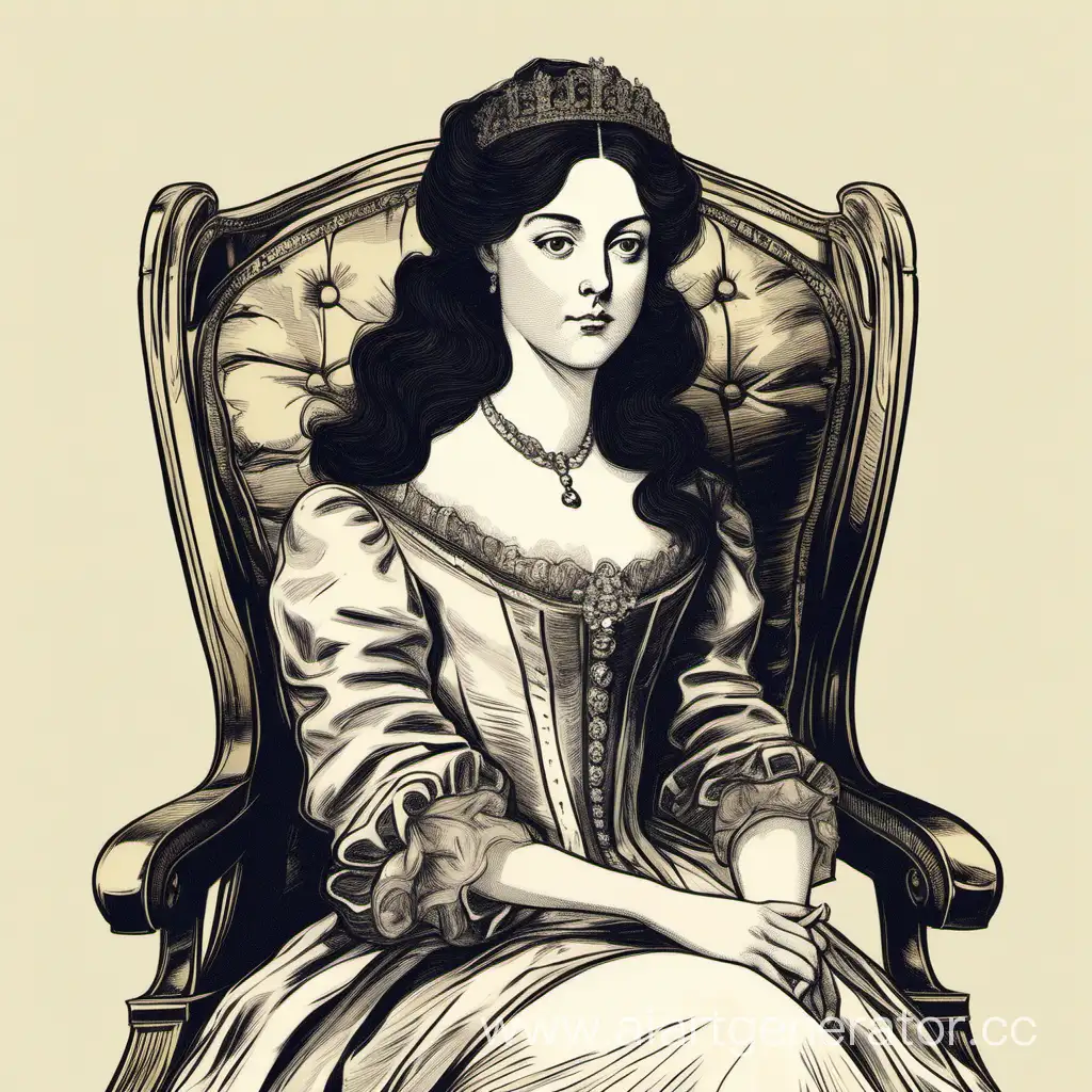 иллюстрация молодая герцогиня с темными волосами сидит на кресле с красивыми рукоятками, облокатившись на них