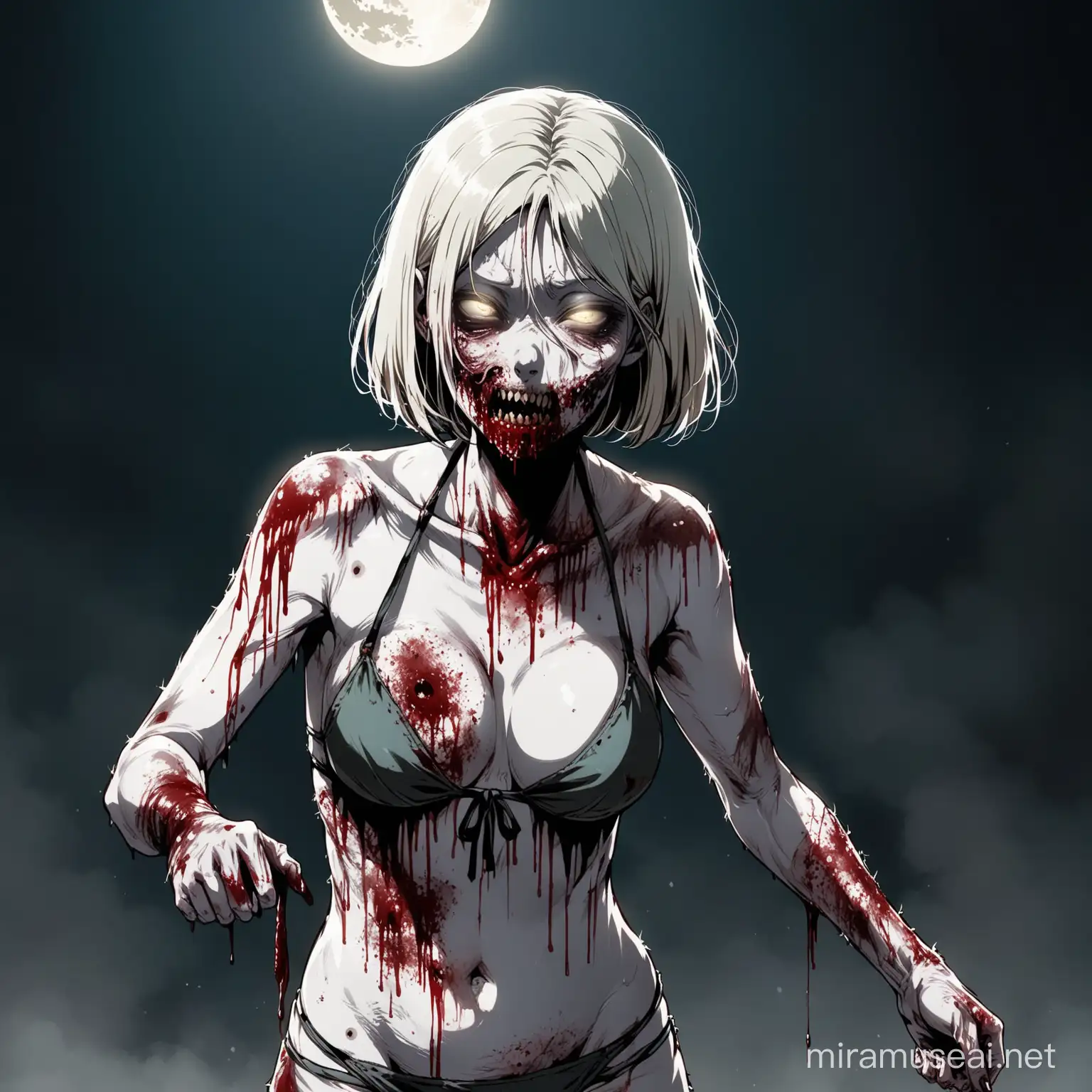 a south korean girl zombie walking dead style with bob haircut middle age pale white zombie eyes as pale as the moon really rotten decaying zombie skin bite marks everywere and she wearing a ripped mouldy bikini covered in blood