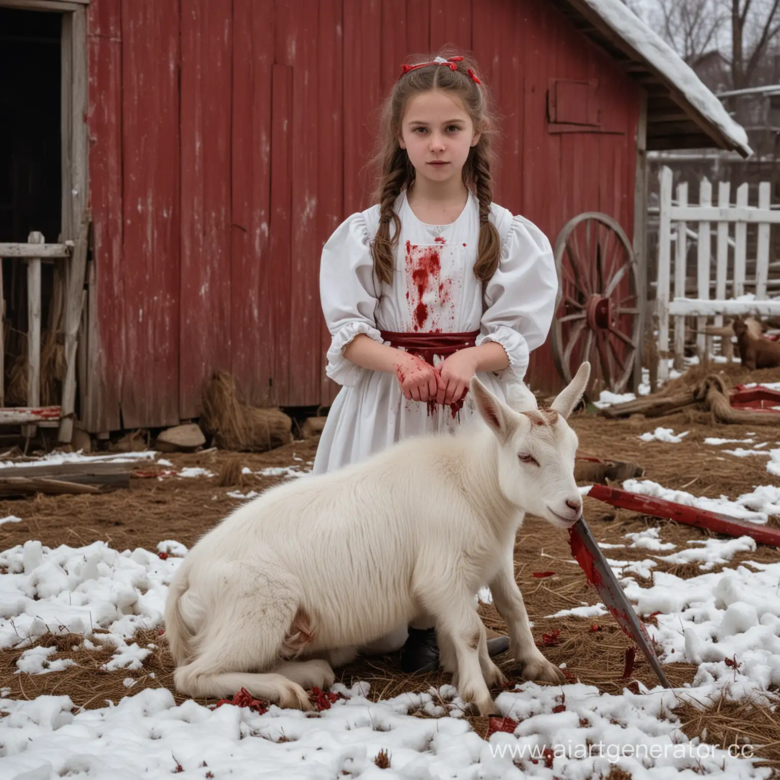 Young-Girl-with-Bloodied-Knife-and-SnowWhite-Goat-by-Red-Barn