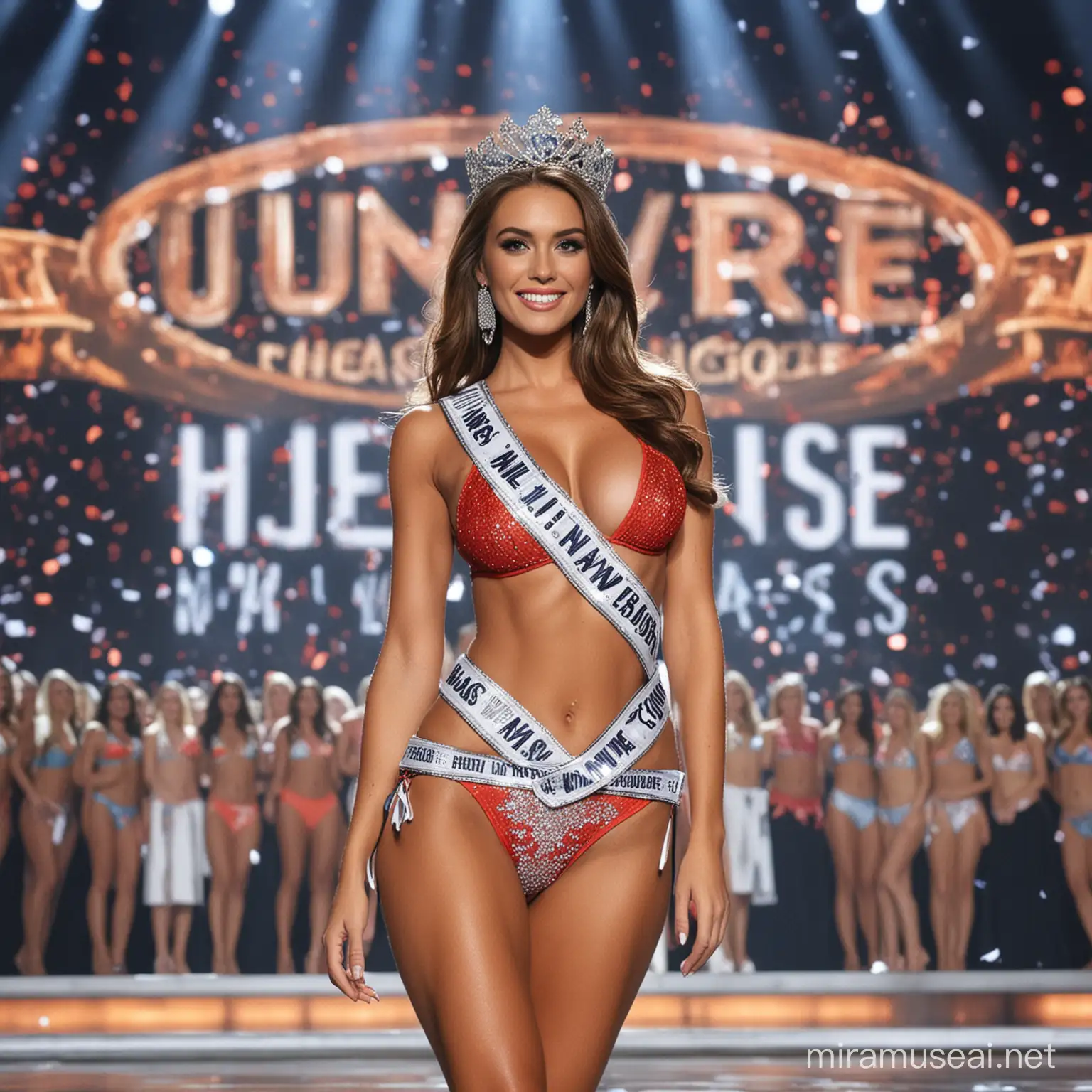Holland's beautiful Miss Universe wears a bikini with a sash that says Hafiz with a magnificent stage in the background