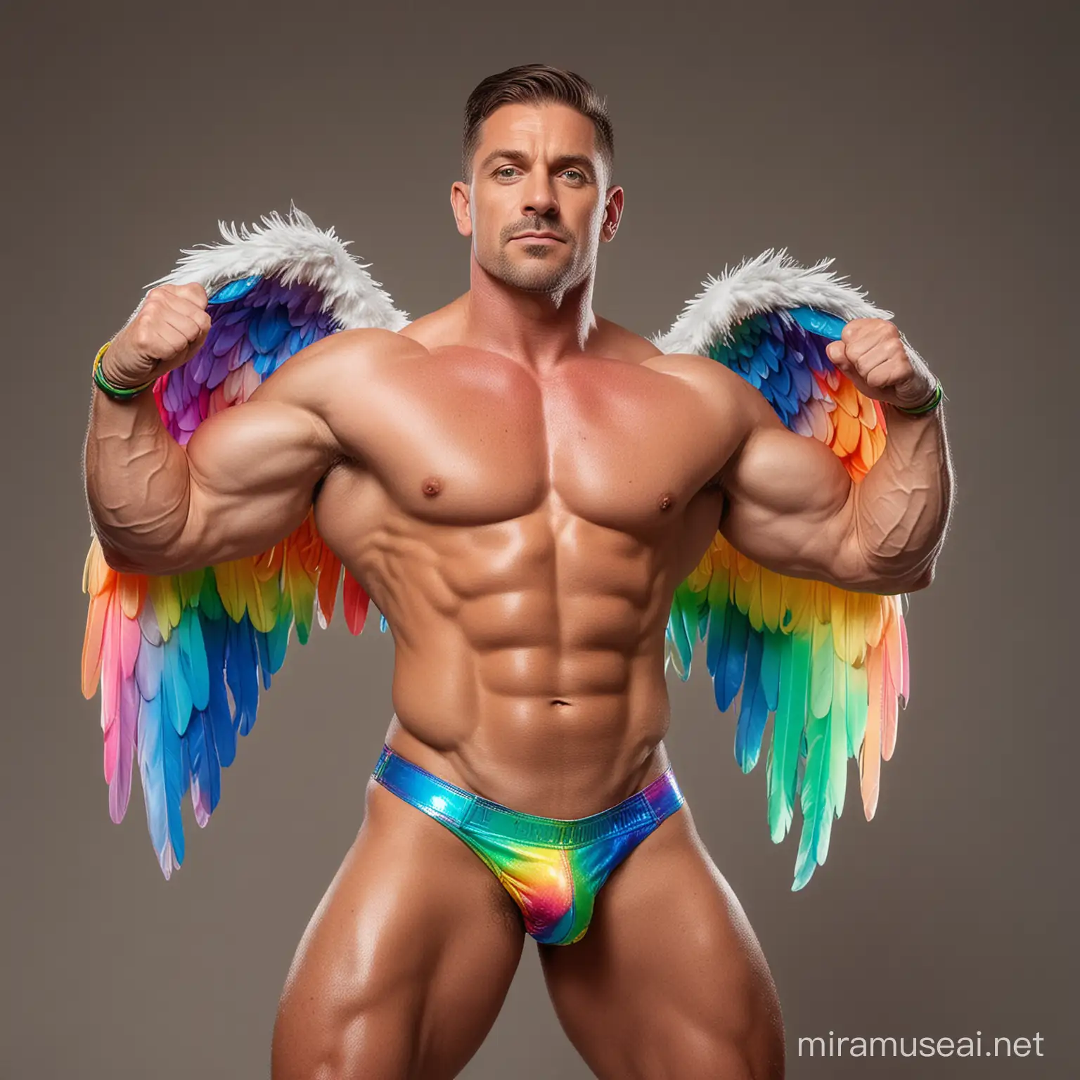 Studio Light Topless 30s Ultra Chunky IFBB Bodybuilder Daddy with Beautiful Big Green Eyes wearing Multi-Highlighter Bright Rainbow with white Coloured See Through Eagle Wings Shoulder LED Jacket Short shorts left arm Flexing Bicep Up Pose seating on