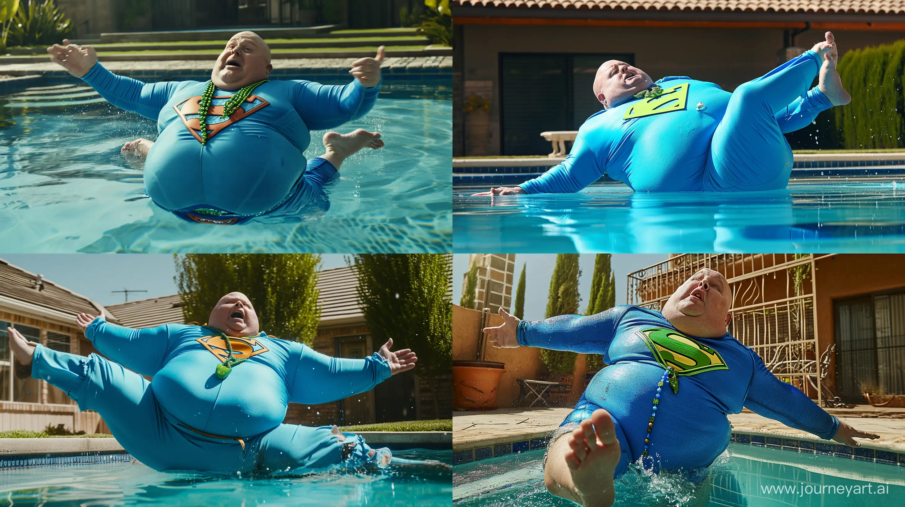 photo of a man fully clothed falling on his back into a pool. It's a chubby man aged 70. He wears a tight bright blue superman costume with a  green nacklace. He is afraid. Clean shaven, bald, high-quality, --ar 16:9 --v 6
