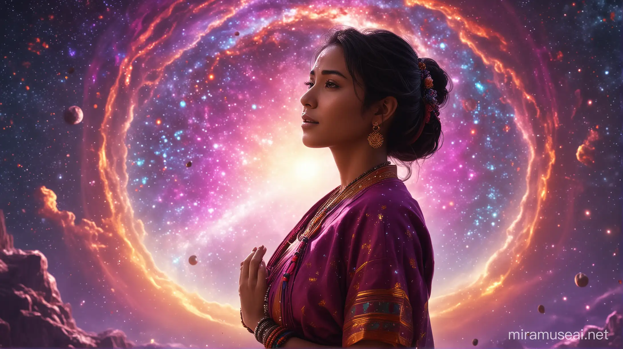 a person mix asian indian increasing Vibration & experiencing Empower Wealth Journey, and being surrounded by beautiful colors, galaxy imagination. backlight photography, CG characters, 32K, high resolution, super-realistic