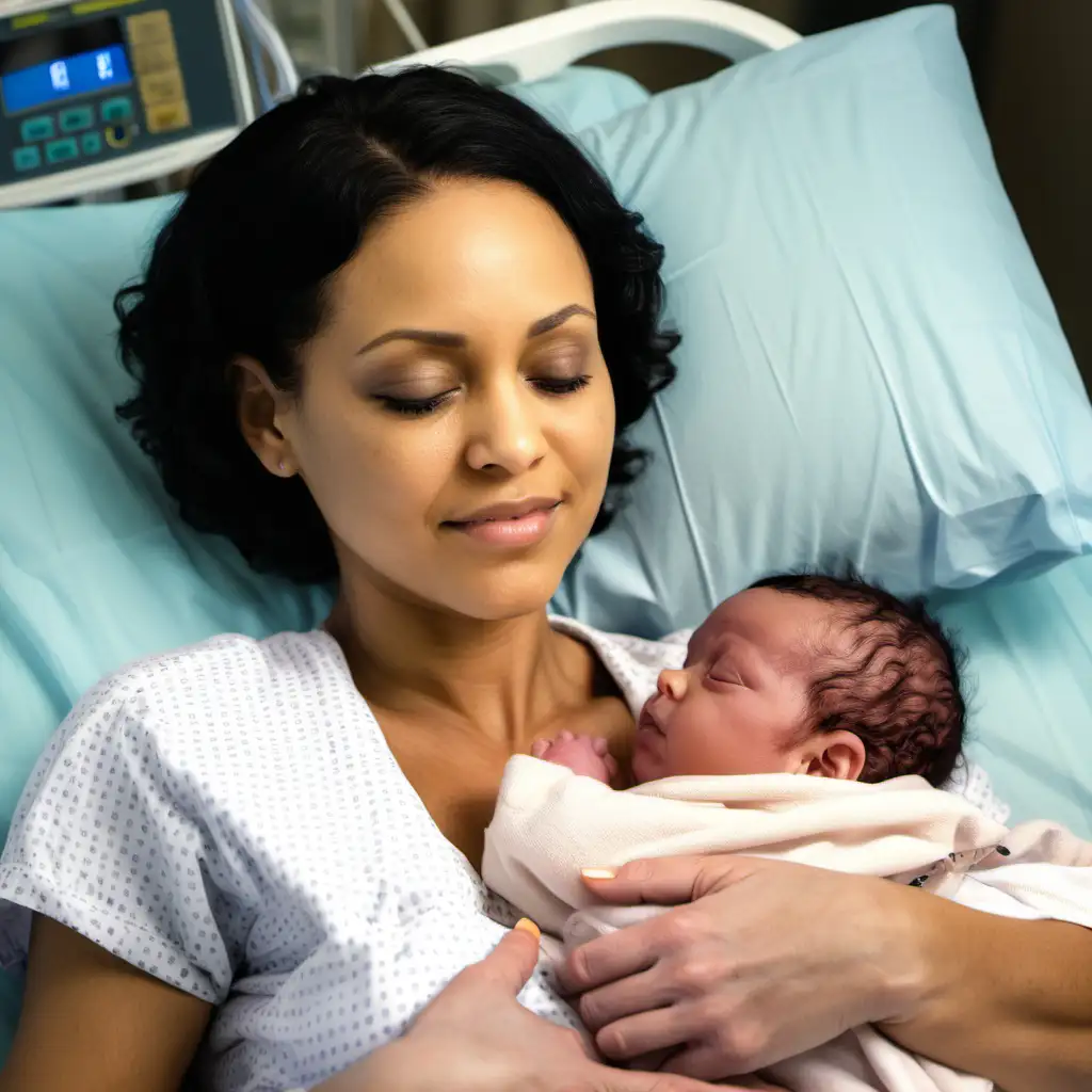 A light skinned lady with black hair holding her newborn baby with little hair, close to her chest, while lying down in the hospital bed. 