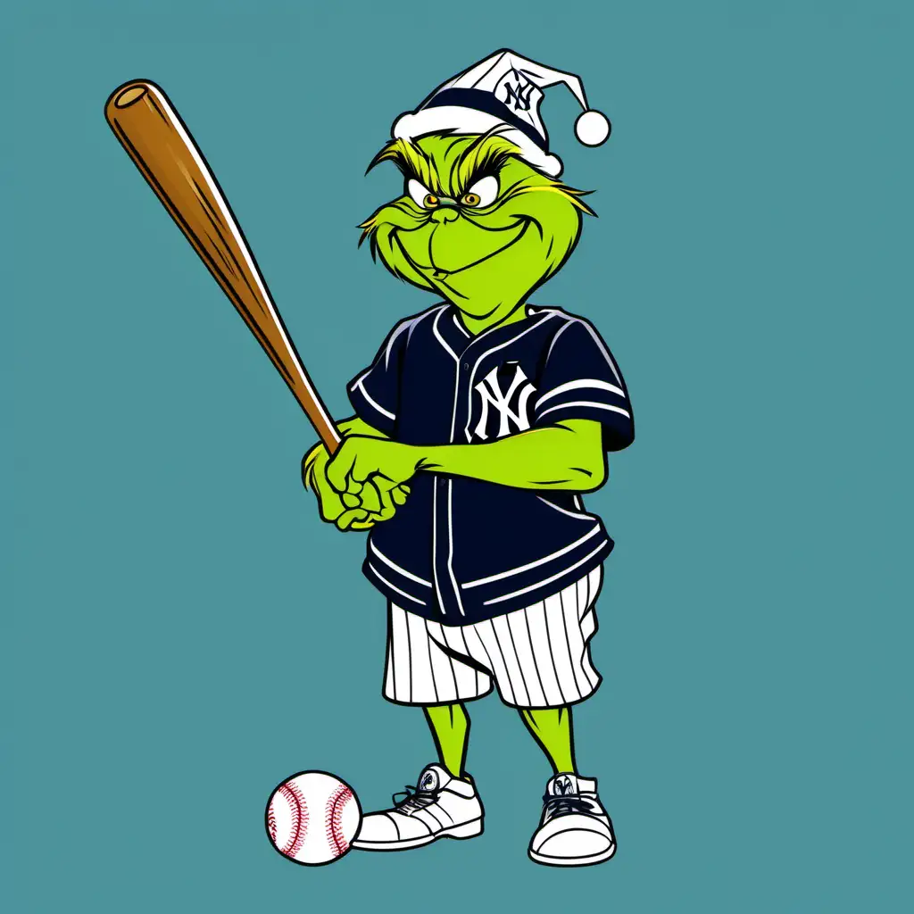 Grinch Baseball Player in New York Yankees Uniform Holding Bat