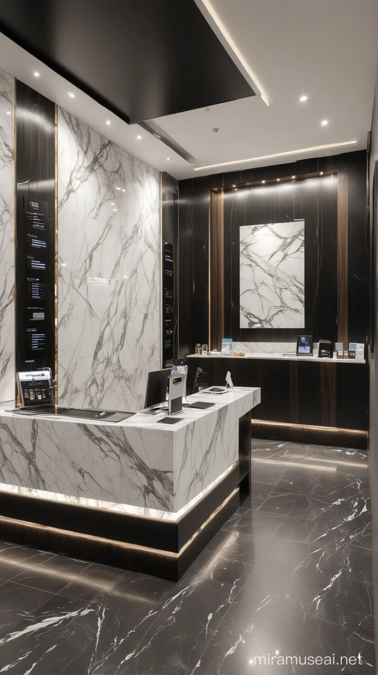 money transfer shop,cellphone,ultra modern design,floor,marble white and black , special reception by black color,wood wall