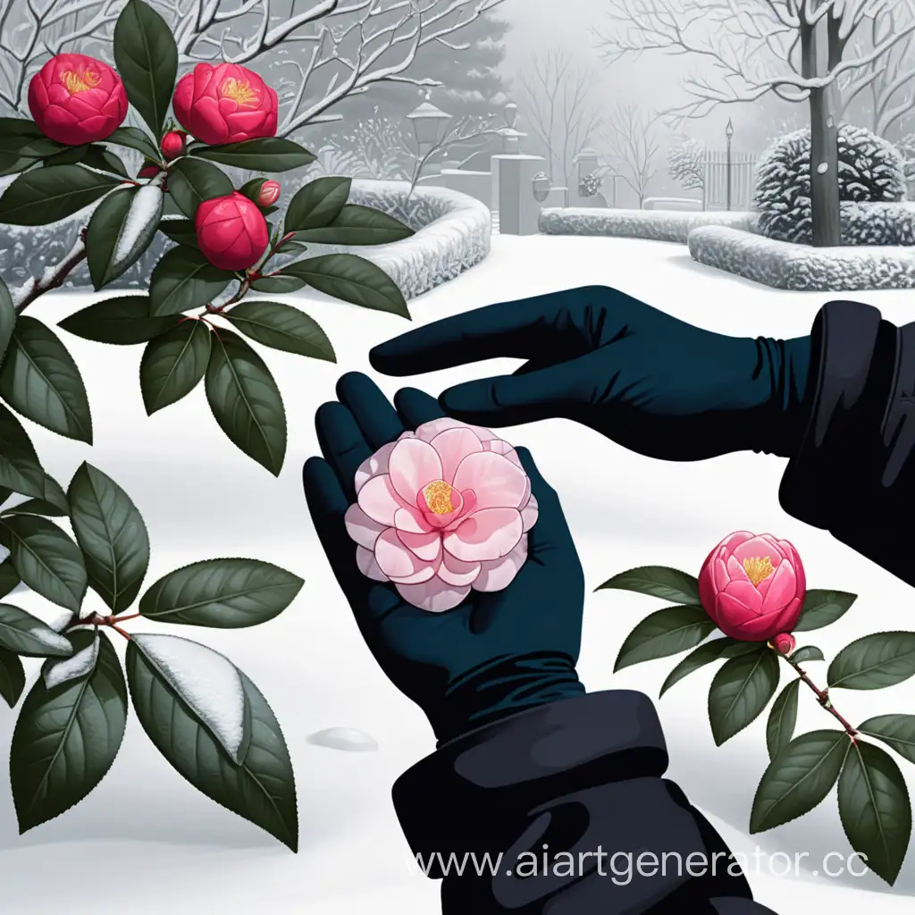 Hands-in-Mitten-and-Black-Glove-Reaching-for-Camellia