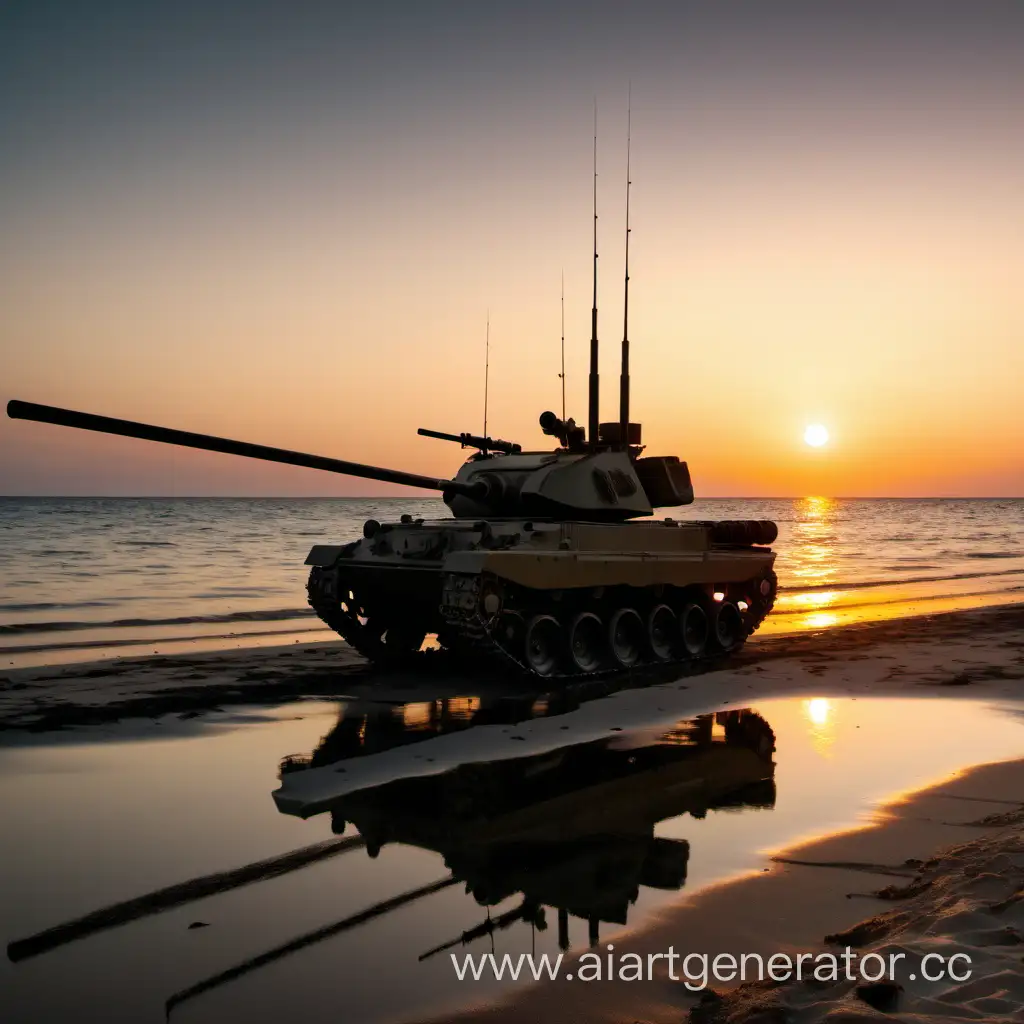 Tank-by-the-Shore-at-Sunset-with-Fishing-Rod