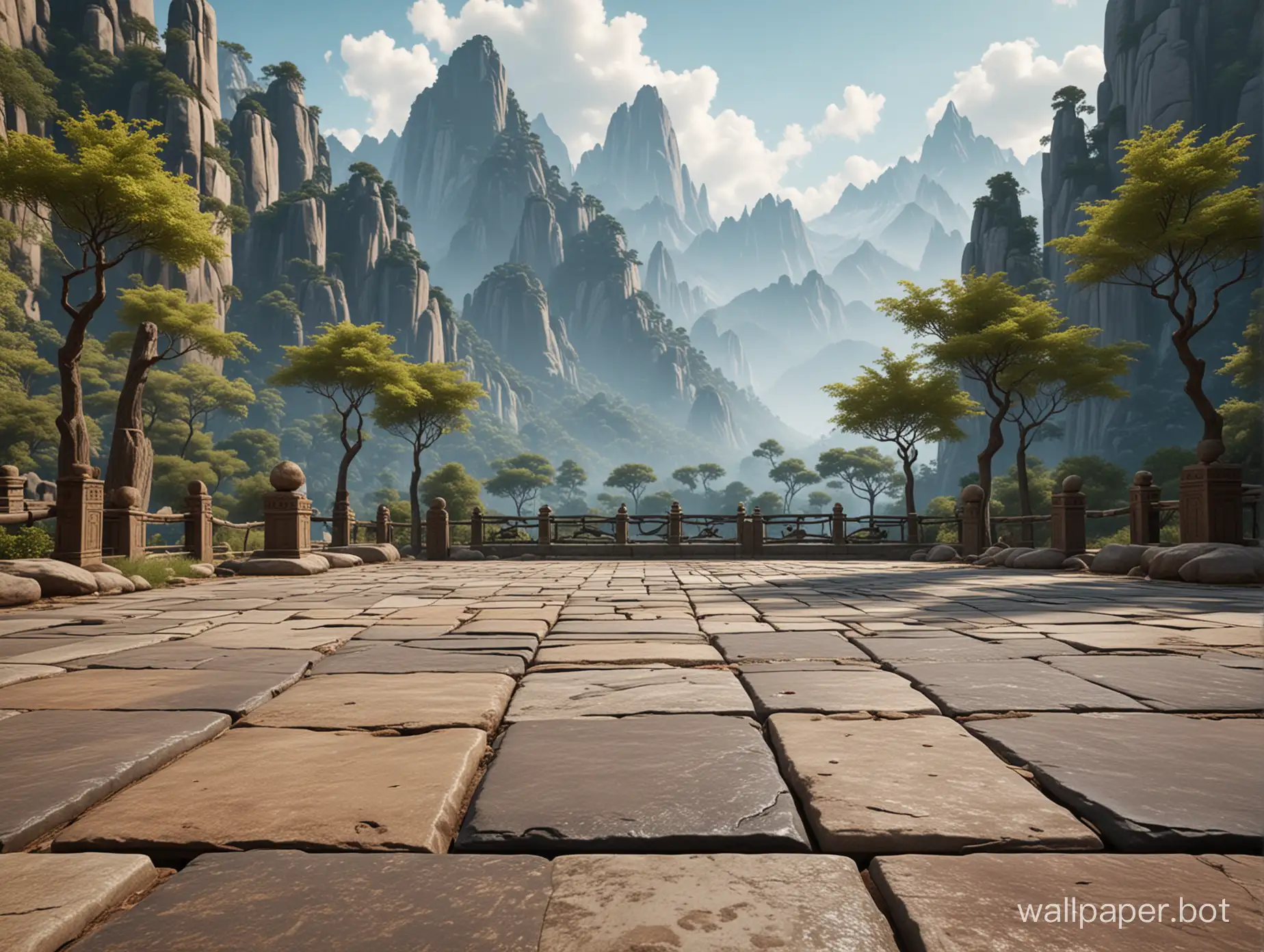 A scenery from the world of kung fu 3D movies, stone floor, camera on ground level looking at mountains in the background, realistic and highly detailed, Disney style, cinematic mood, trees on the sides.