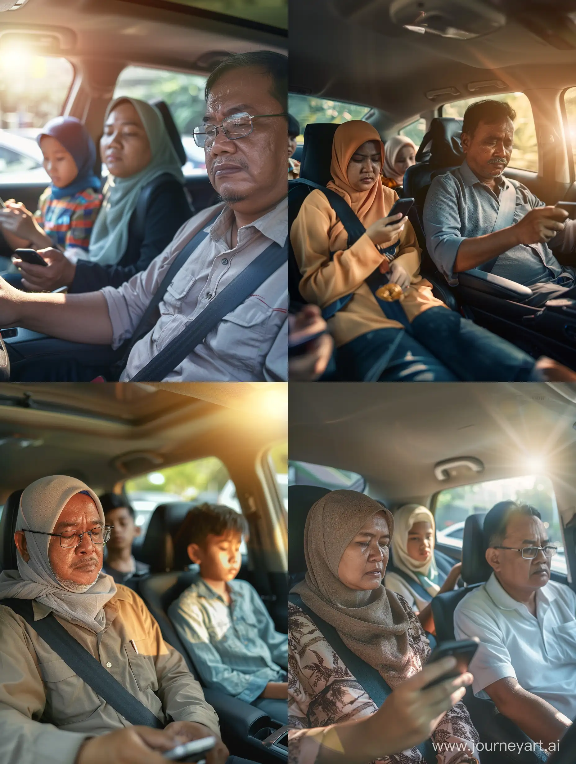 Ultra realistic, close up . 
atmosphere in the car. Malay family. father is driving mother sitting on the left while looking at the hand phone. his two teenage children sitting in the back looking at each other's mobile phones. mother wears a hijab. Dad drove with a sleepy face. they are on their way to go on vacation. there is sunlight. there is sunlight. canon eos-id x mark iii dslr --v 6.0