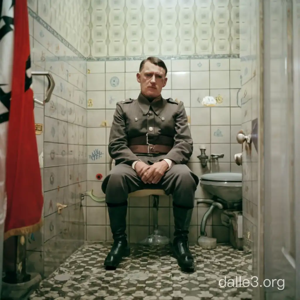 Адольф Гитлер сидит на туалете в комнате с флагом