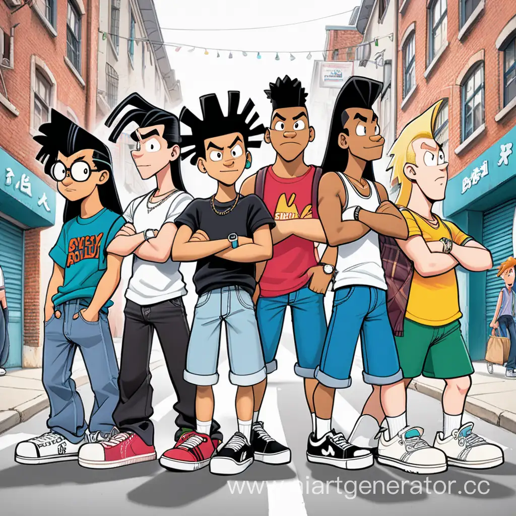 one asian guy one half-breed guy one red guy three black hair white guys, picture style cartoon Hey Arnold,  street background