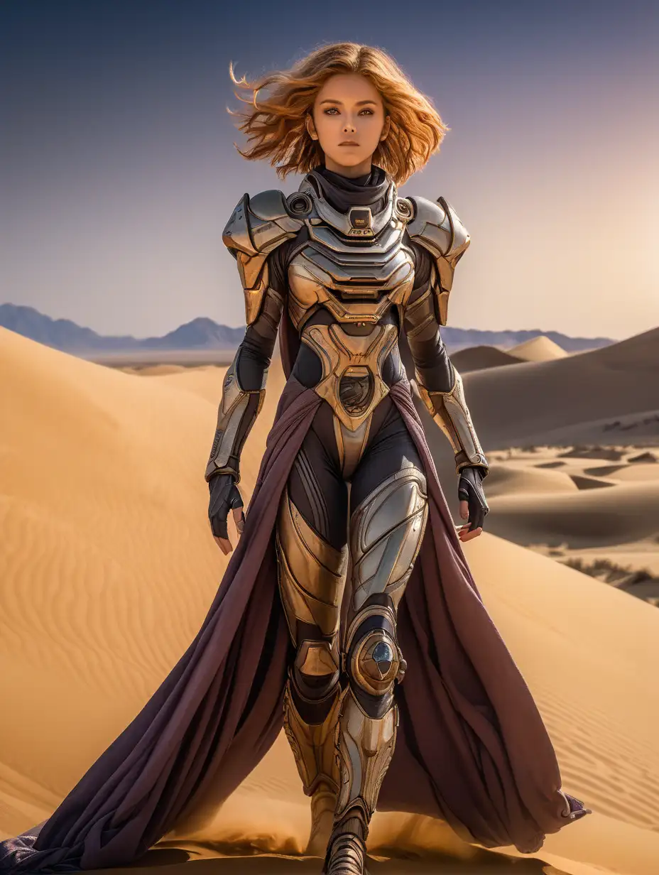 (cinematic lighting), In the vast and arid landscapes of "Dune," an anime girl emerges as a character, blending futuristic elements with a unique sense of elegance. Picture her in a desert-friendly attire, a harmonious fusion of traditional desert robes and futuristic accents. Her vibrant hair cascades in contrast to the muted tones of the desert surroundings.

Eyes reflecting a mix of wisdom and curiosity, she navigates the challenging terrain with a blend of grace and determination. Technological enhancements, subtle yet integral to her character, hint at the advanced world she inhabits within the "Dune" universe. In this anime interpretation, she becomes a captivating presence, embodying the mystique and resilience found in the vast and intricate tapestry of the "Dune" cinematic world, full body photo, angle from below, picture at dusk, intricate details, detailed face, detailed eyes, hyper realistic photography,--v 5, unreal engine,