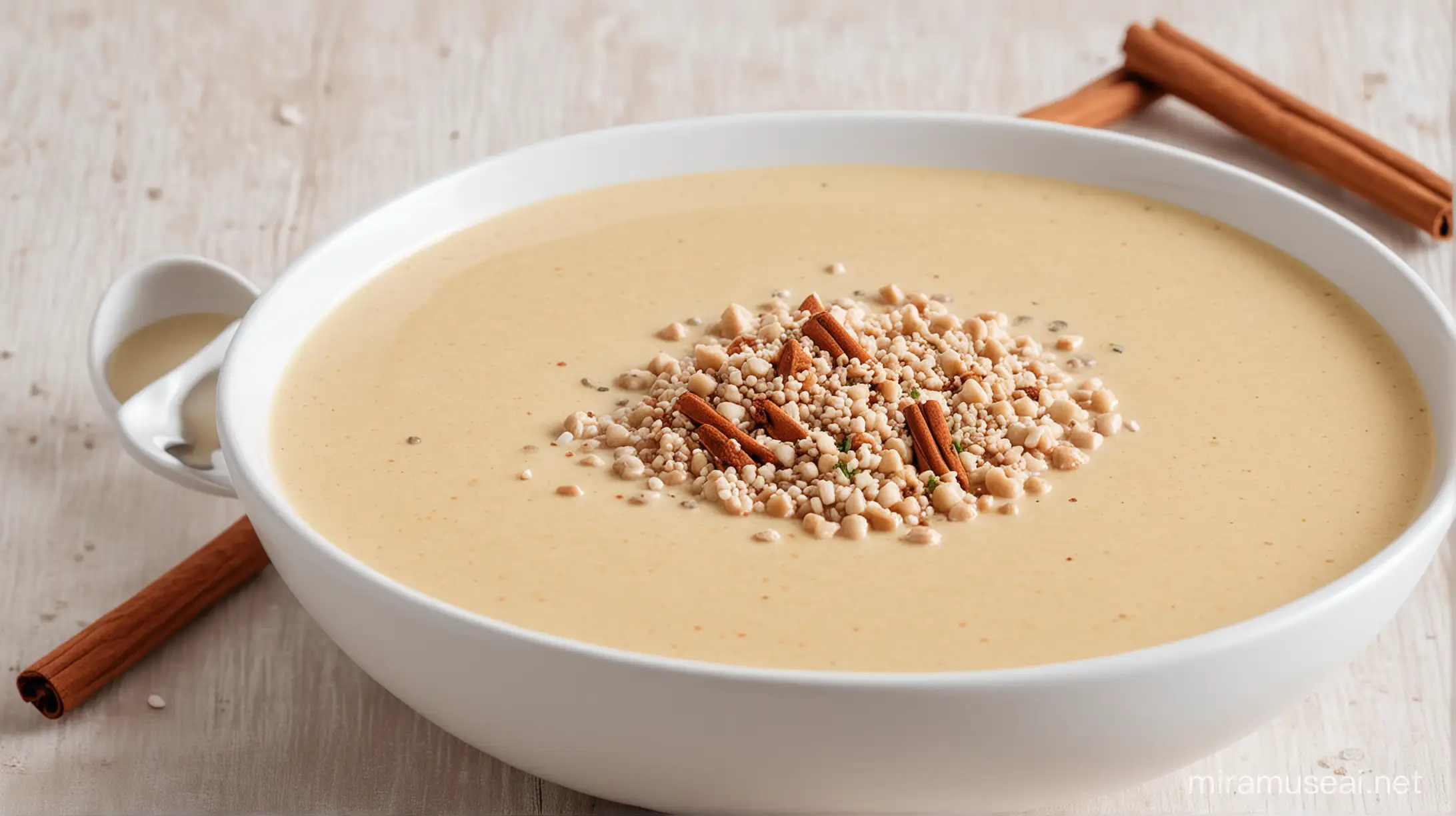 Creamy soup with cinnamon and white sesame  in white bowl side view