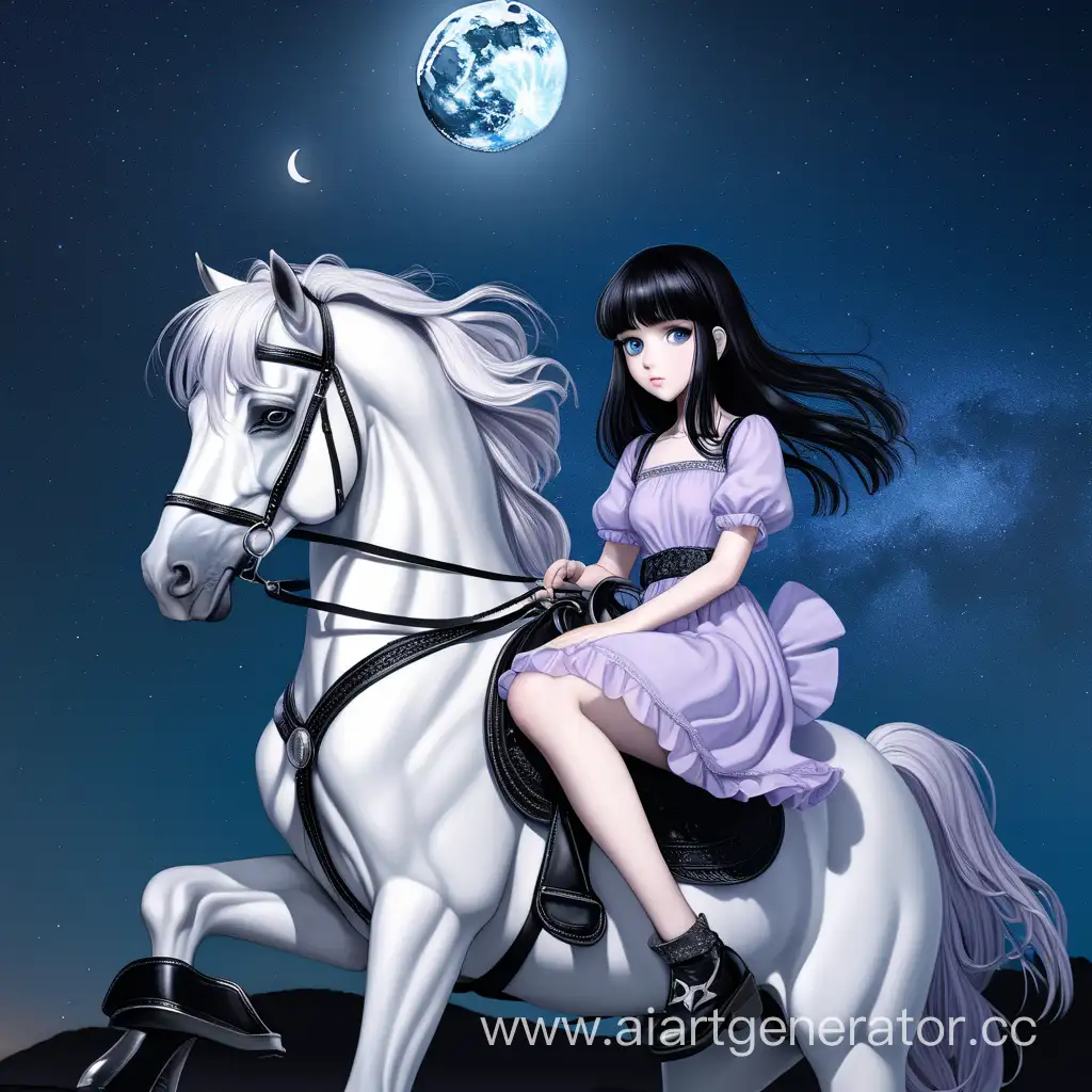 аниме девочка в сиреневом платье, в черных туфлях, с черными волосами, с челкой, с большими голубыми глазами сидит на белой лошади на фоне ночного неба и луны