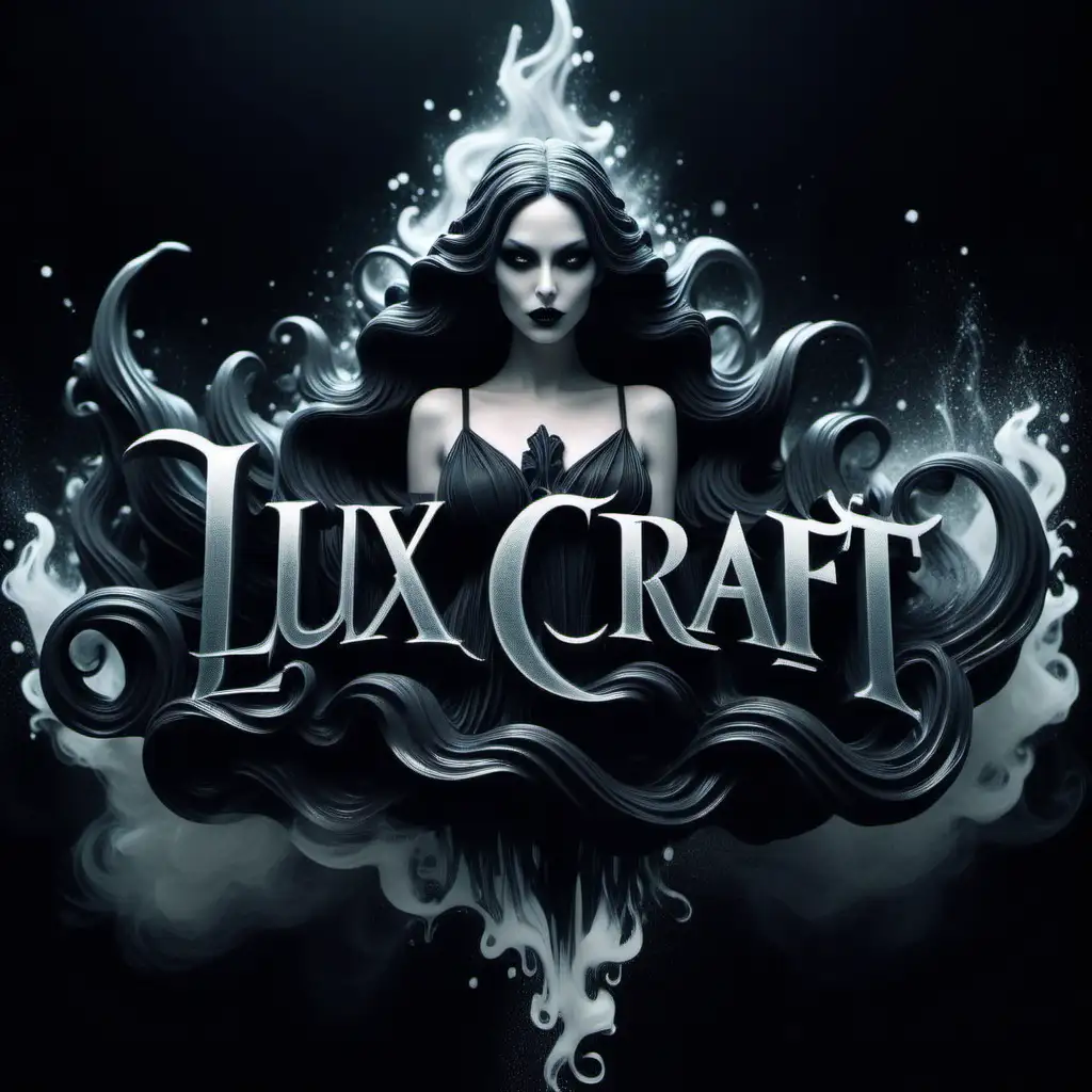 "Lux Craft", "Lux Craft", "Lux Craft", "Lux Craft" Logo in gothic style soft gaussian smokey liquid dark black with waves spooky style "Lux Craft", "Lux Craft" "Lux Craft", "Lux Craft", "Lux Craft", "Lux Craft", "Lux Craft" "Lux Craft", "Lux Craft" women in background