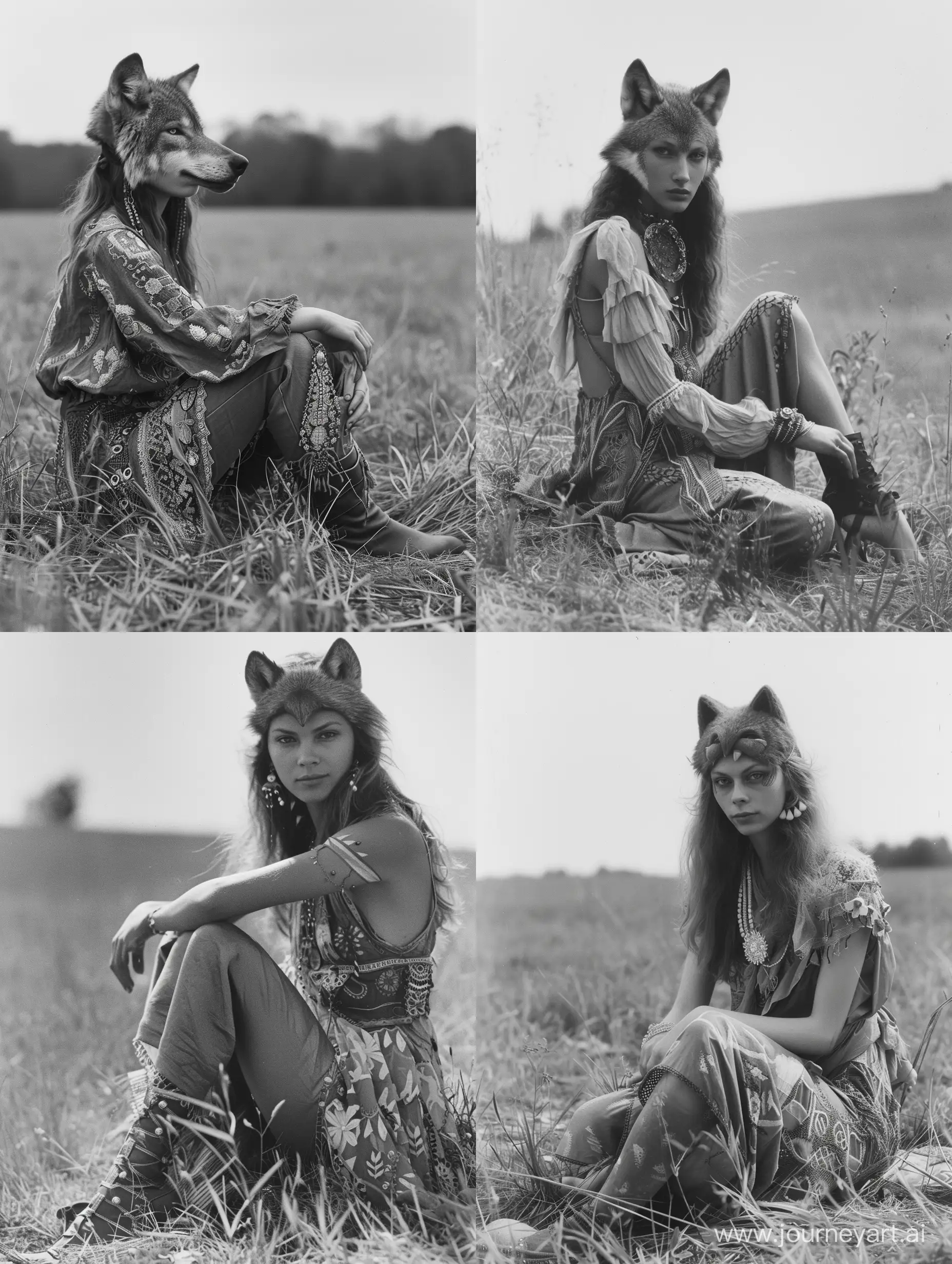 A woman who has a wolf’s head and human body sitting in a field, wearing boho style clothes, looking at the viewer, grayscale, 1970’s, taken on provia