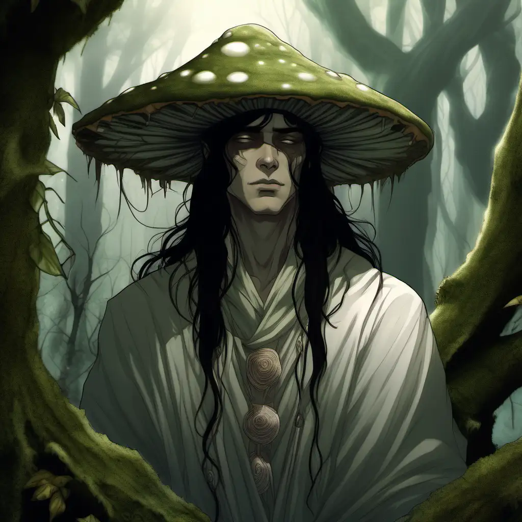 An art of a pale young androgynous male elf spores druid. His skin is a bit tout, he is certainly tired. He has long black hair and wears a wide mushroom-like white hat that sits low on his head and it's edges fall low. Atop his hat there is some moss and occasional vines. He also wears a white veil that is attached to the edges of the hat and falls before his face and looks like a mushroom's net with big holes. The man wears practical druidic robes. The background is a lush forest with somewhere at dusk or close to night. Make it look like a highly detailed charter art.