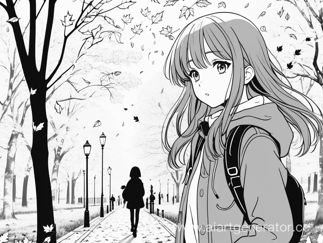 Раскраска черно белая на белом фоне,детализация,девушка осенью в парке,падают листья,стиль аниме