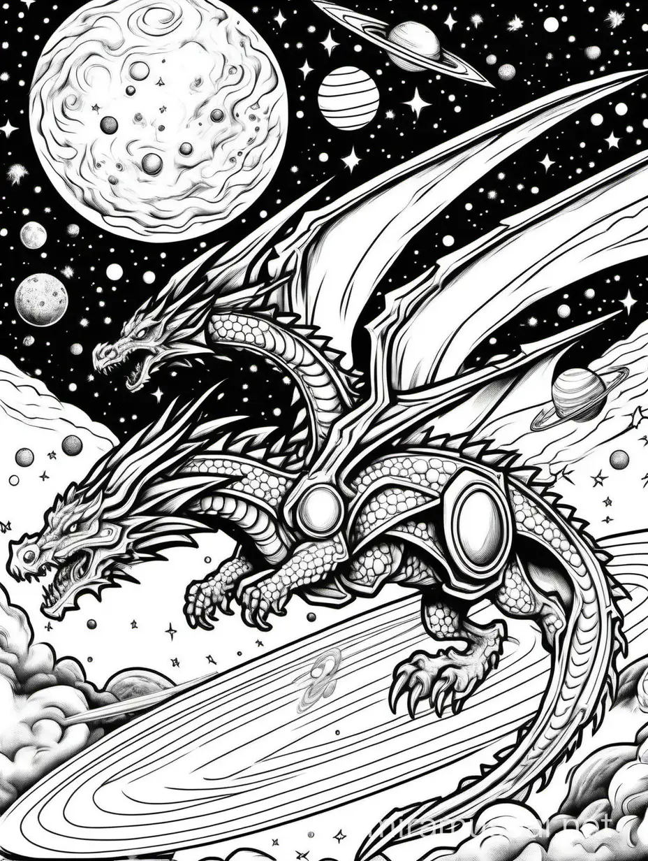 Coloring page for kids of metal dragon flying through space with comets and planets in the background, black lines and white background only black and white