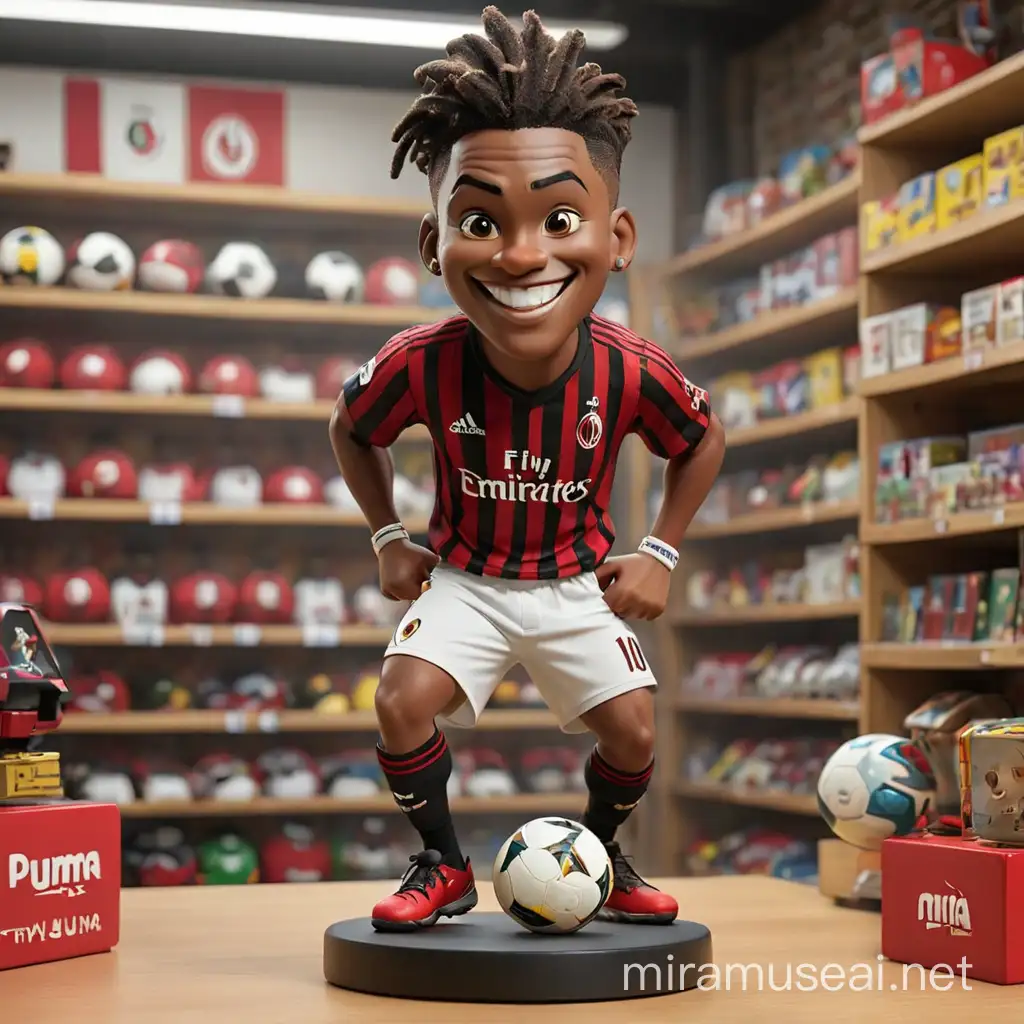 HD, Ultra detailed, real images. A table on which there is a 3d toy figure of player from  AC Milan look like Leao with big smile on face.dribbling the ball, AC Milan soccer shirt with logo puma on his chest, white soccer pants with number 10,and dreadlock man bun style hair.On a plastic toy stand. The image created must refer to and be exactly the same as the iconic photo of player from AC milan look like Leao on the internet.in the toy store in the background.