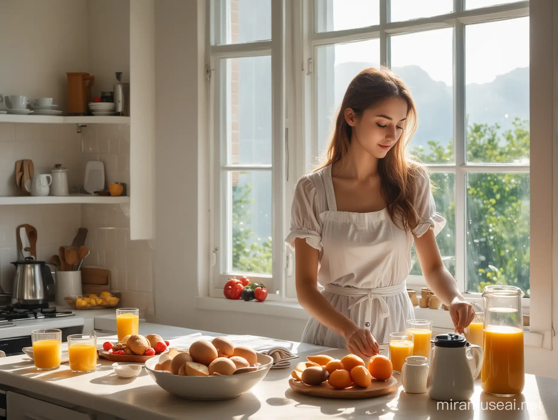 beautiful girl prepare breakfast in the kitchen and morning sunlight  glass window , fine image
