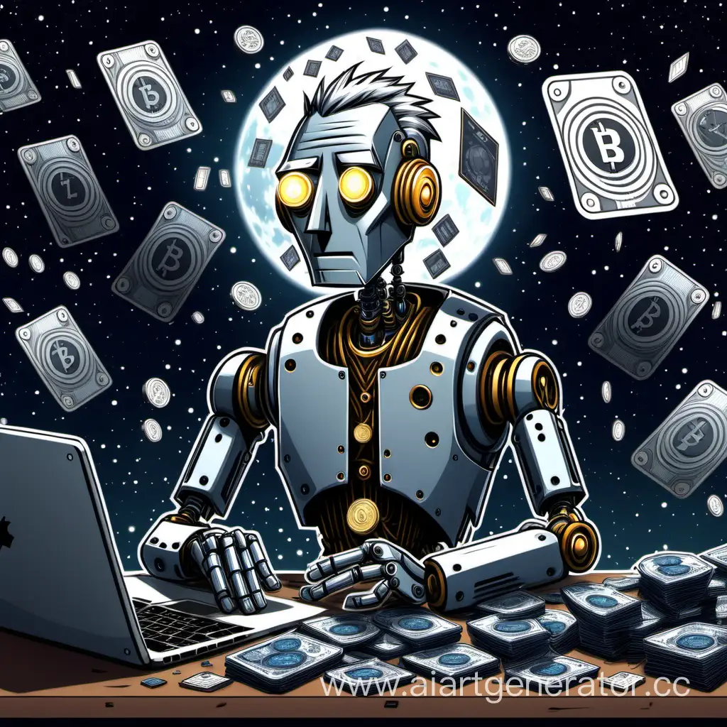 draw a tired robot that turns into a tired man with gray hair collecting cryptocurrency, surrounded by clearly defined video cards in places that twinkle in the moonlight